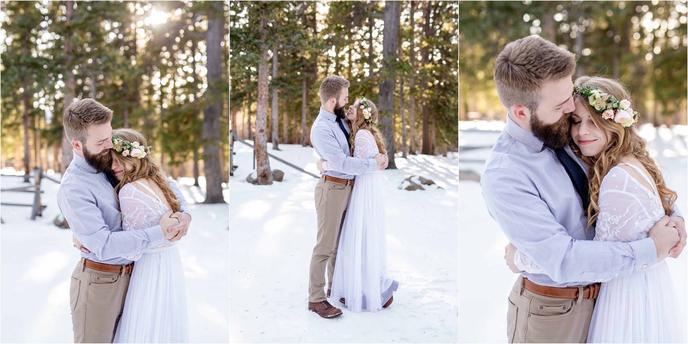 Bride and groom in wedding attire in front of evergreen trees with flower crown in their Denver elopement