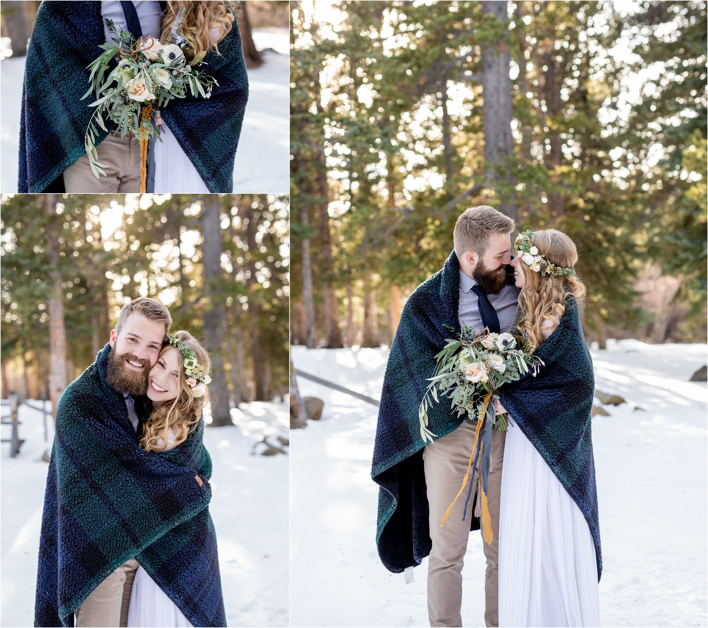 Bride and groom wrapped in a blanket with large bouquet and flower crown in front of evergreen trees for their Denver elopement