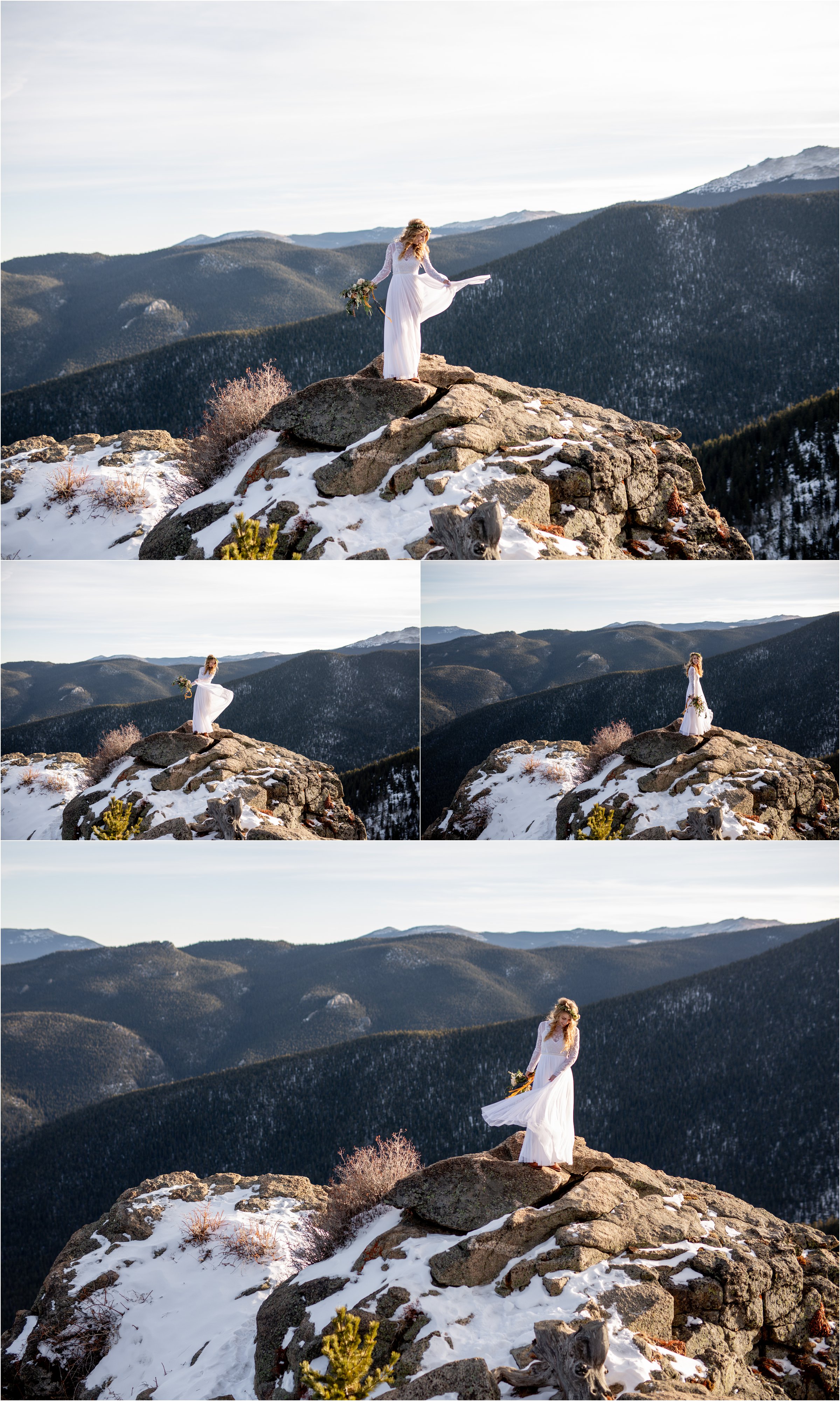 Bride alone on mountain top twirling in wedding dress with large bouquet and flower crown