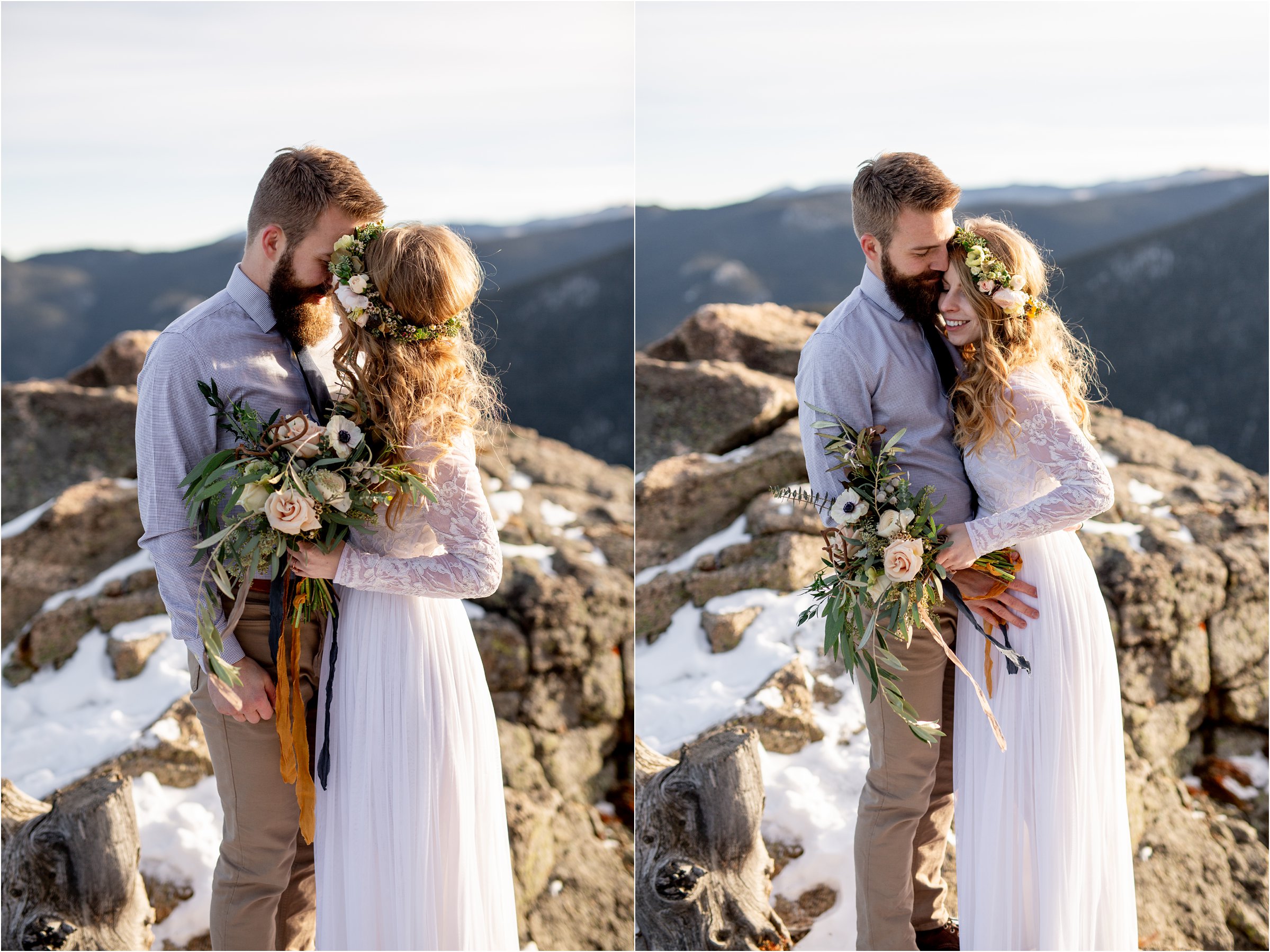 Bride and groom snuggling on mountain top in wedding attire for their Denver elopement