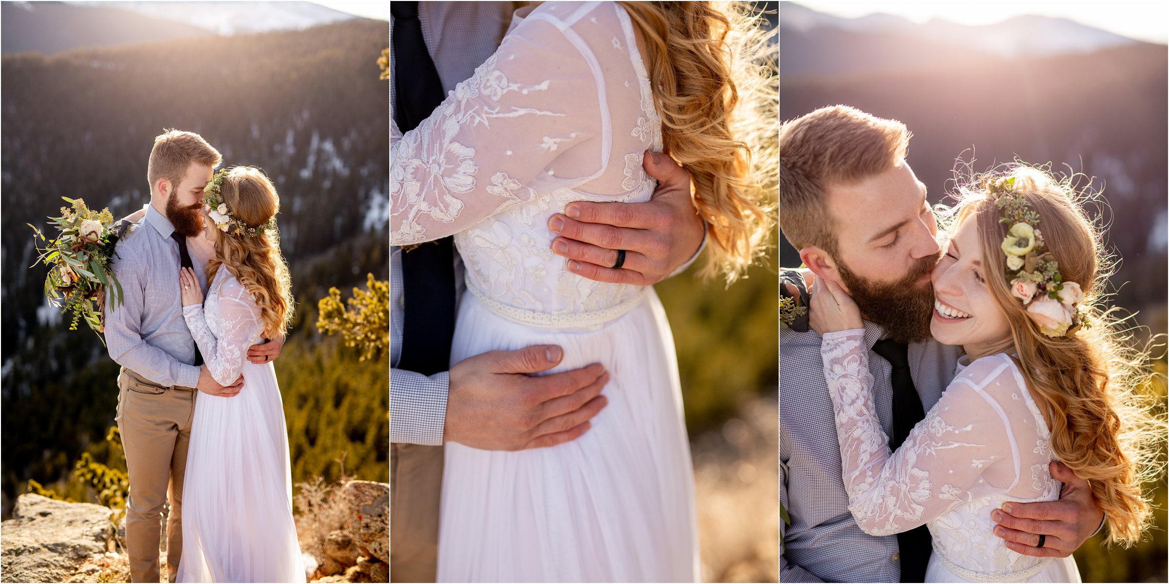 Groom and bride in wedding dress on a mountain top, groom kissing and holding bride