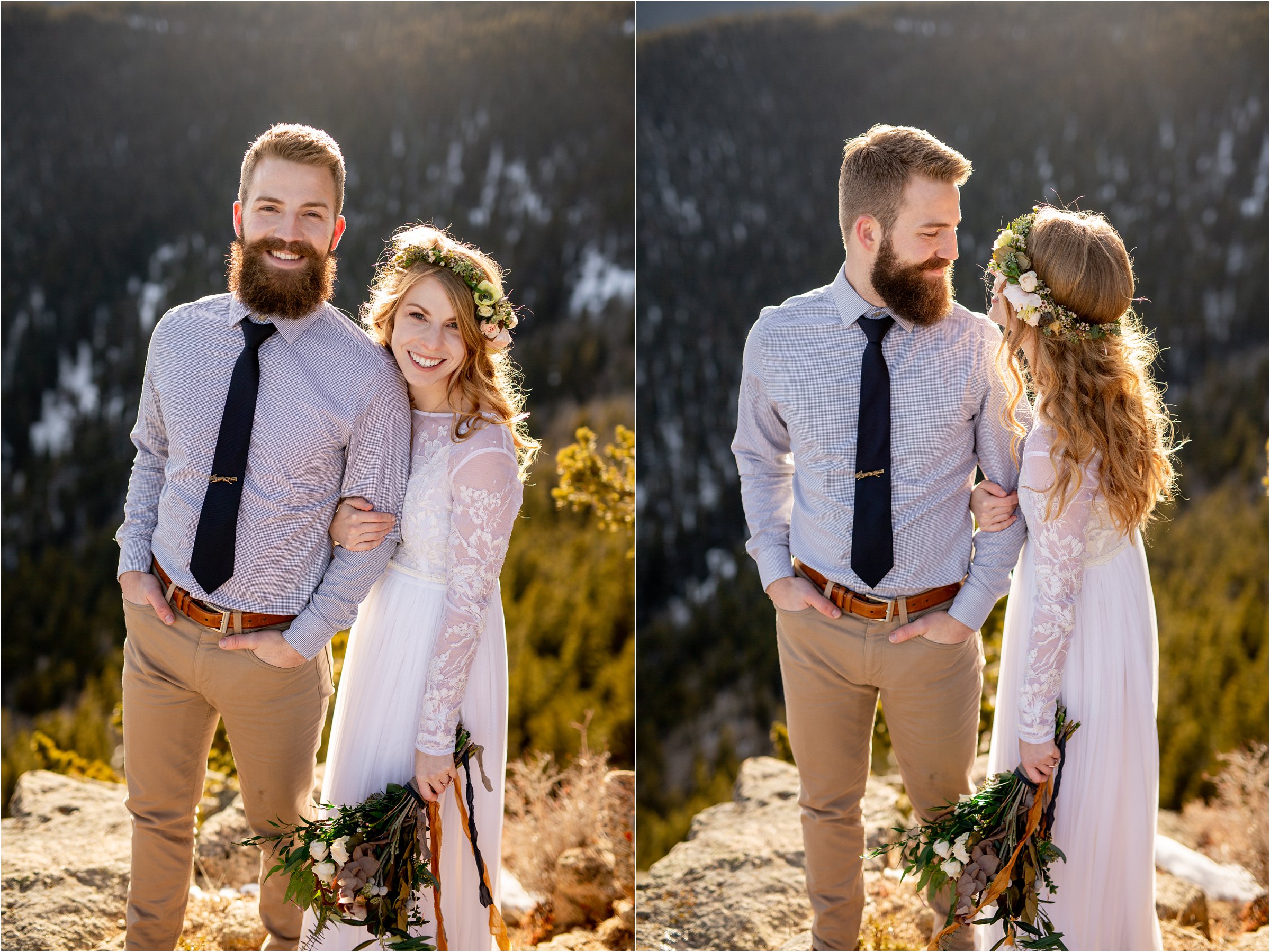 Bride in wedding dress with groom standing on mountain top with large bouquet and flower crown