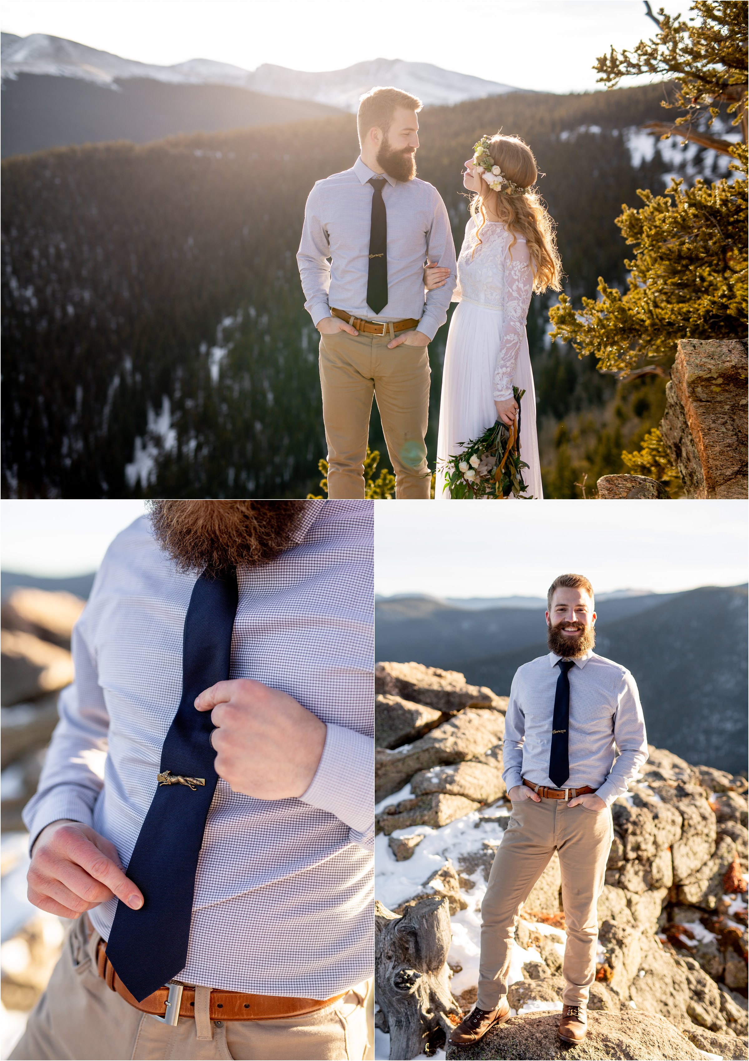 Groom with tie on mountain top and bride and groom looking at each other