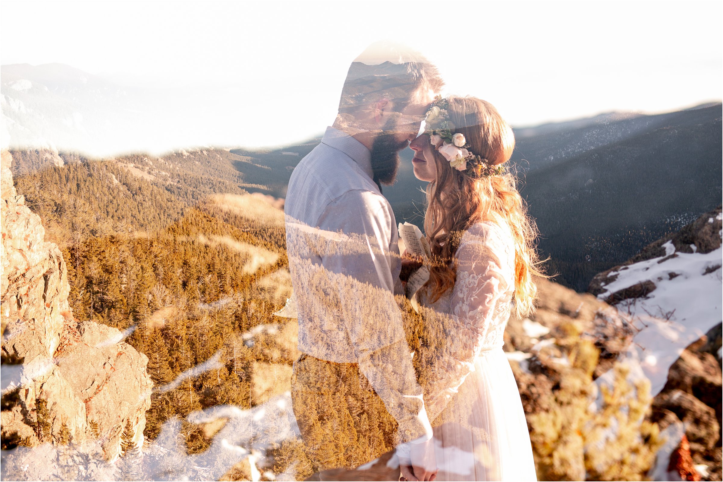 Double exposure of elopement bride in wedding dress and mountains