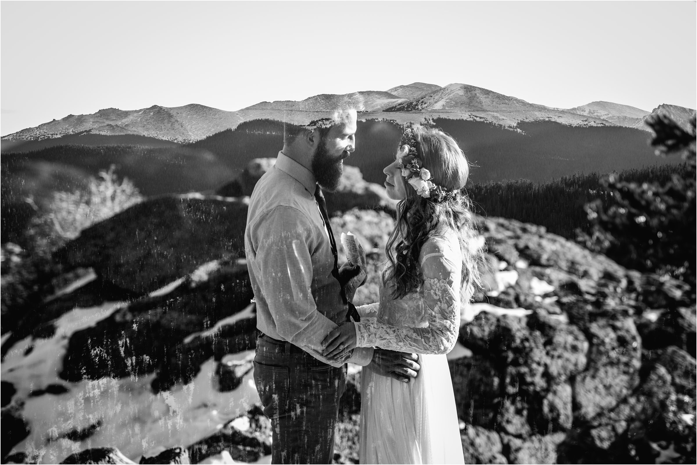 Double exposure of a bride and groom in wedding attire with mountains in their Denver elopement