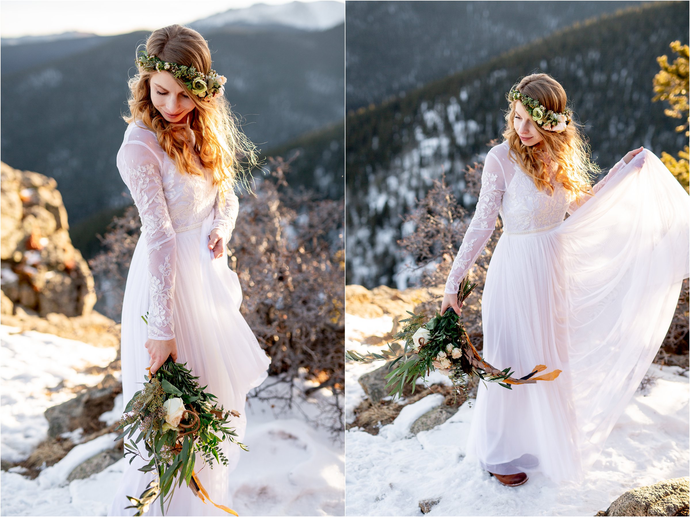 Bride alone on mountain top with large bouquet in wedding dress