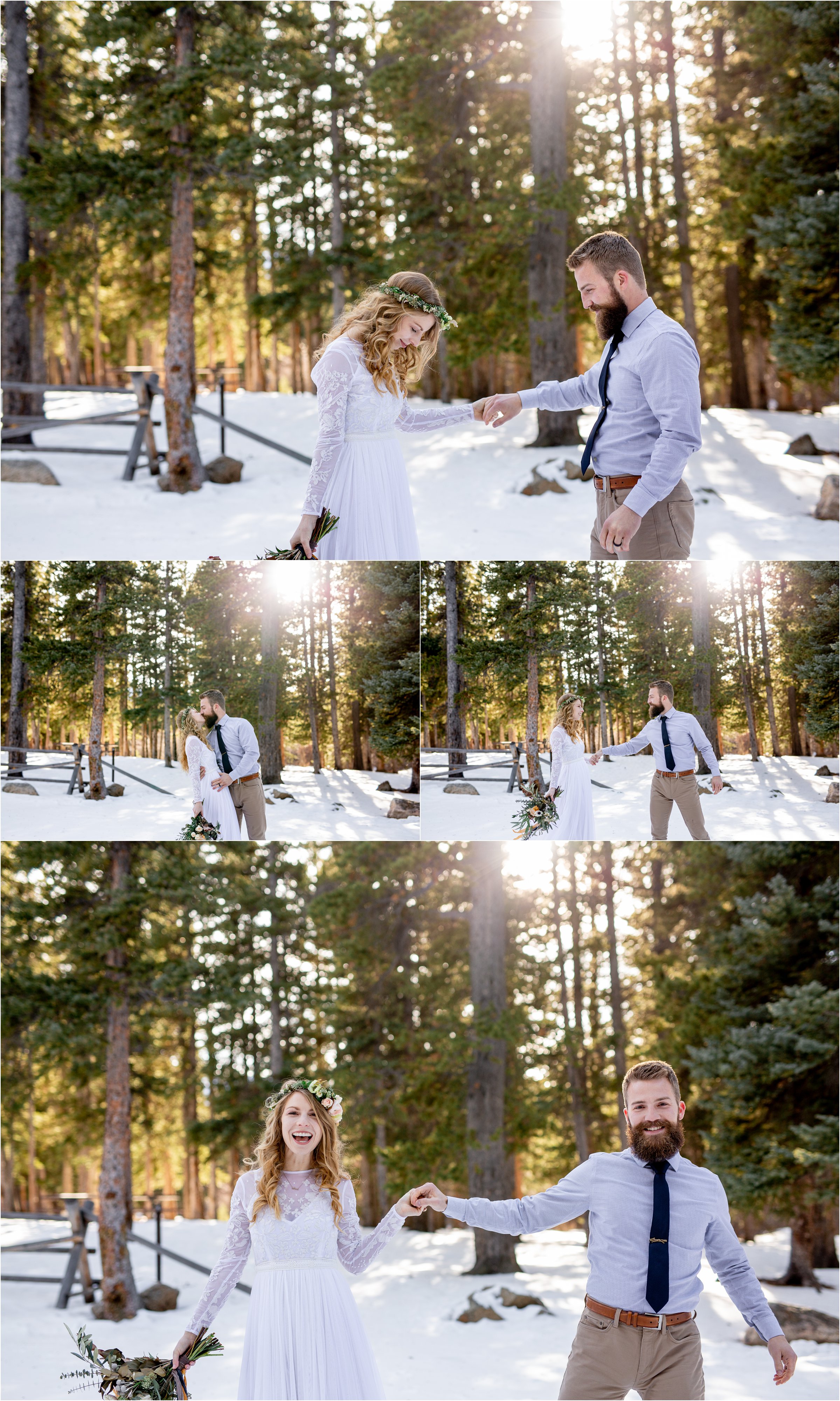 Bride and groom shortly after first look in woods for their Denver elopement