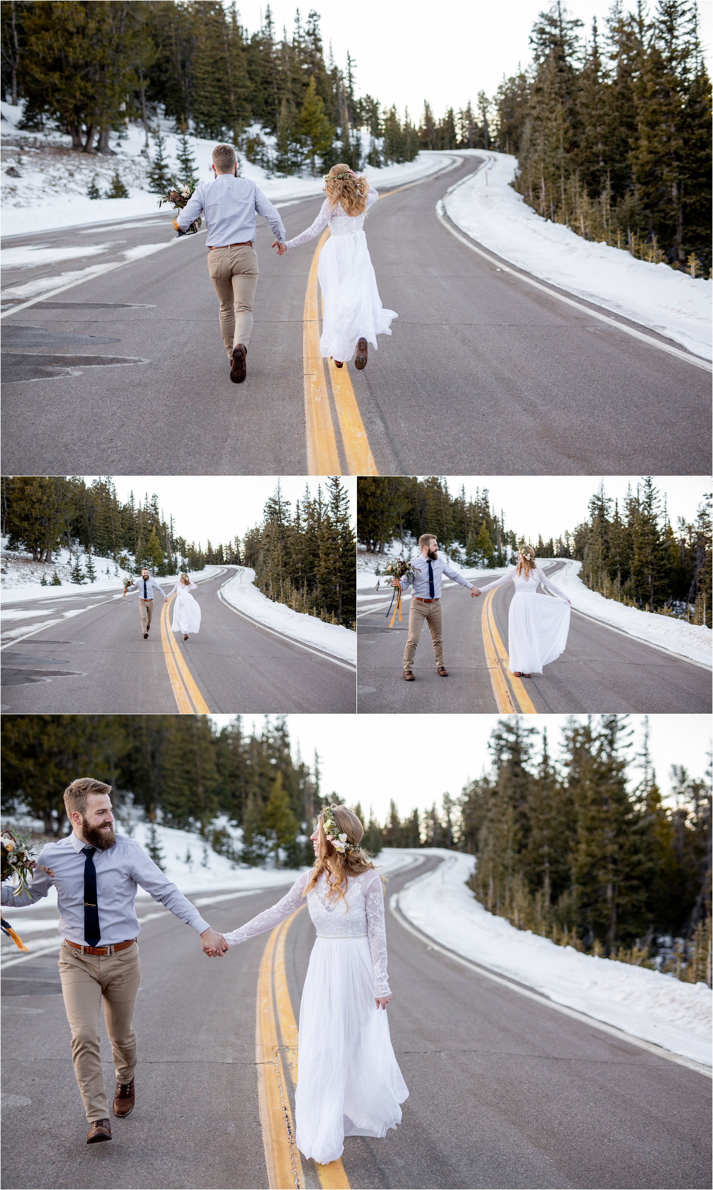 Couple in wedding attire running down a mountain road with large bouquet