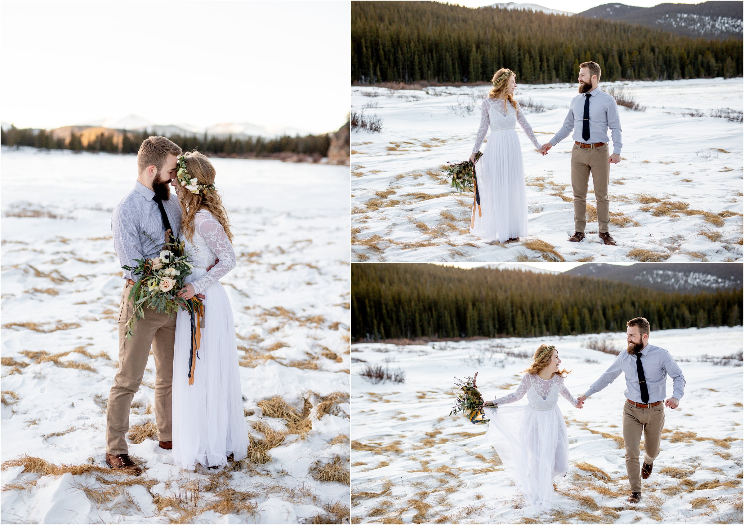 Couple in wedding attire with large bouquet in a snowy field with trees in the background