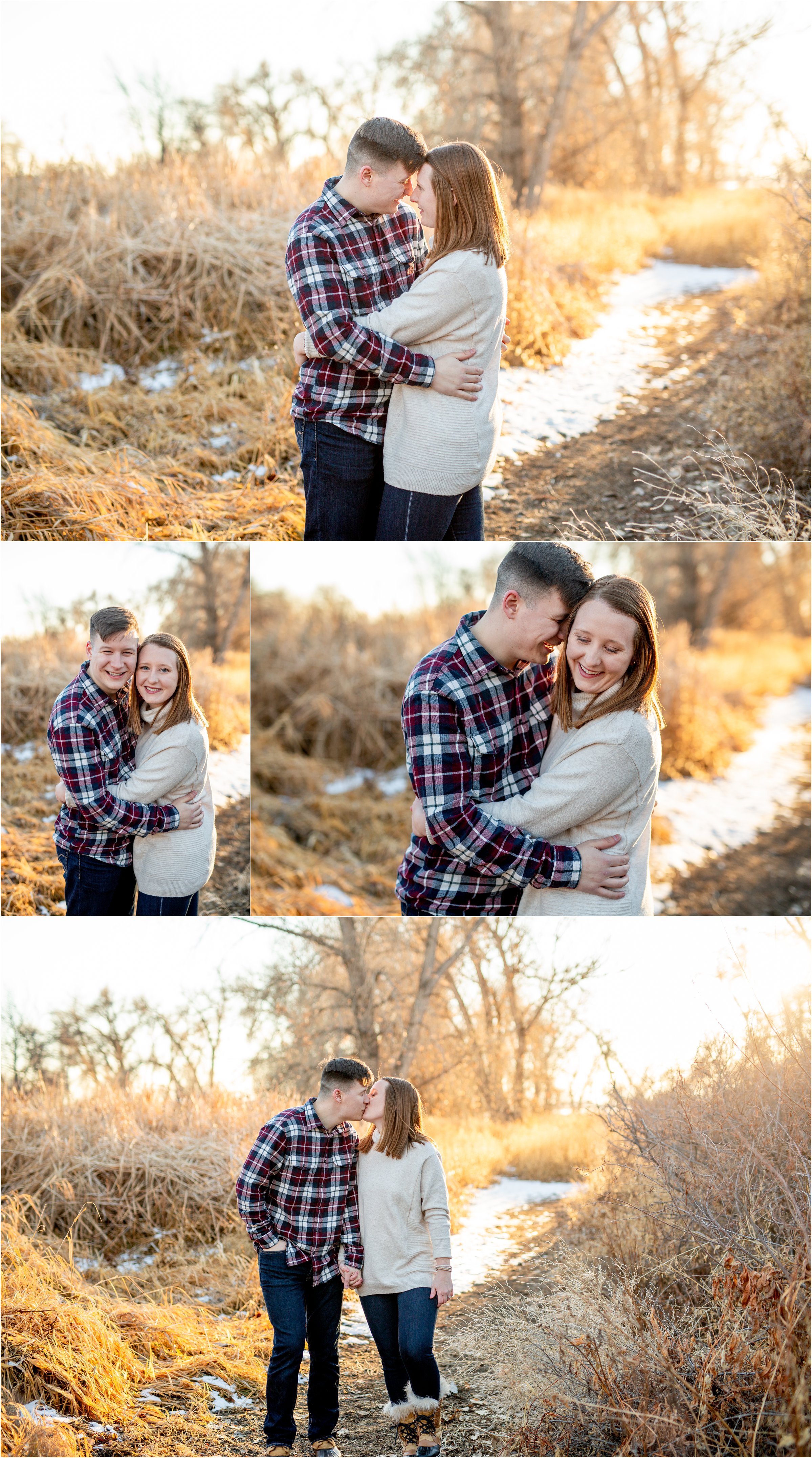 married couple snuggling on a snow covered path through tall grass for the denver anniversary session