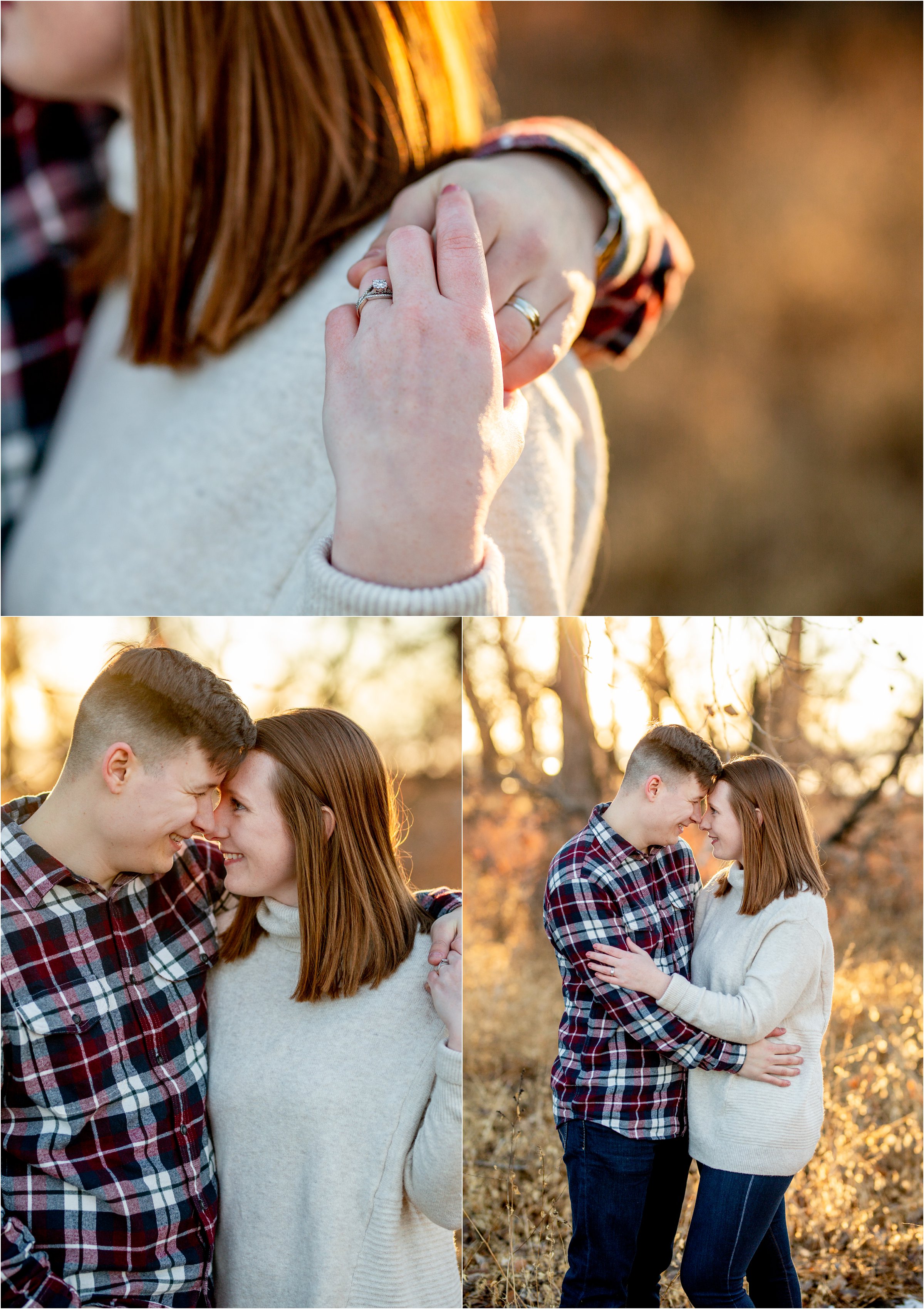 close up of husband and wife's rings while they snuggle in a field with trees