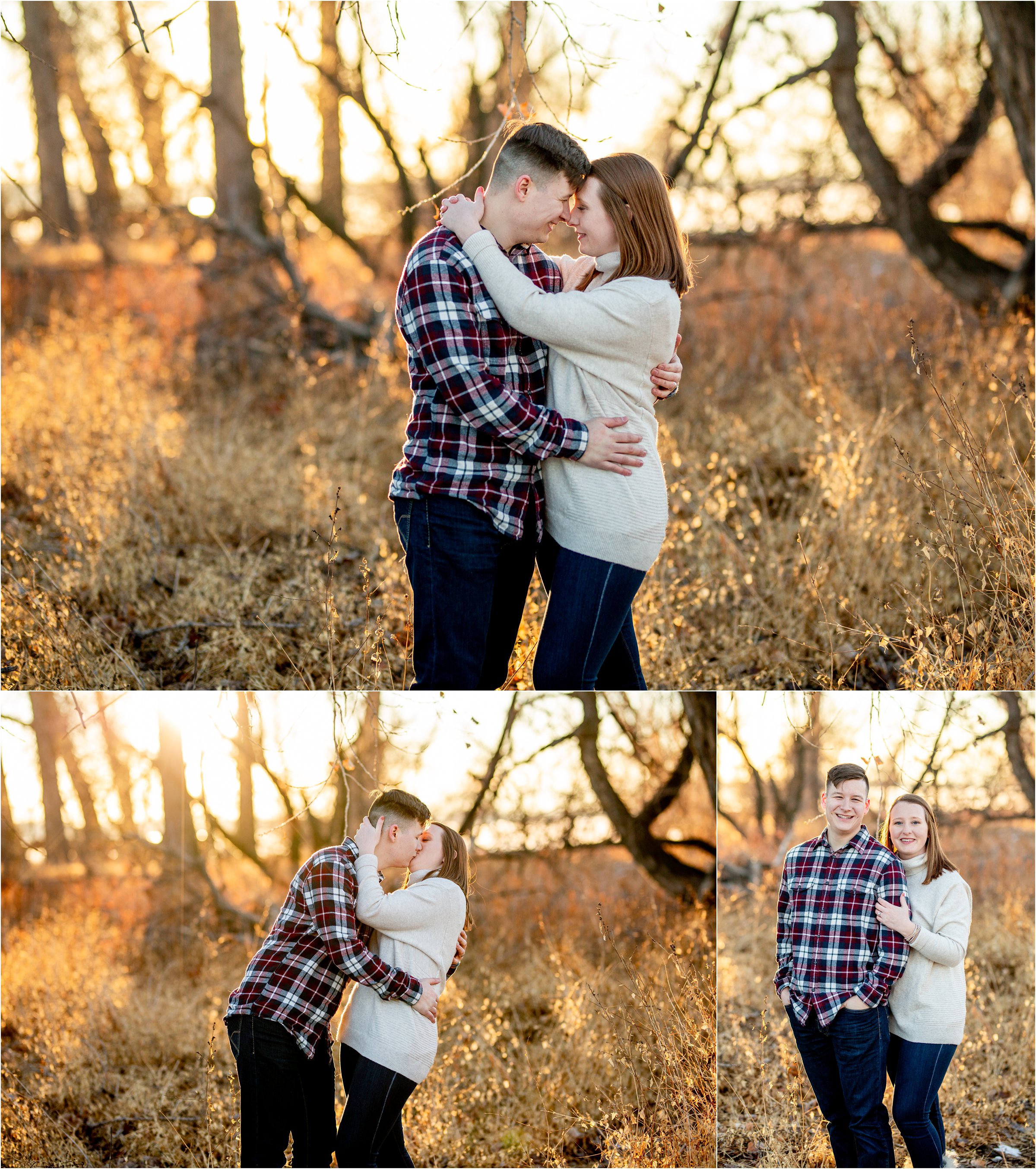 married couple snuggling and kissing in a field with trees for their denver anniversary session