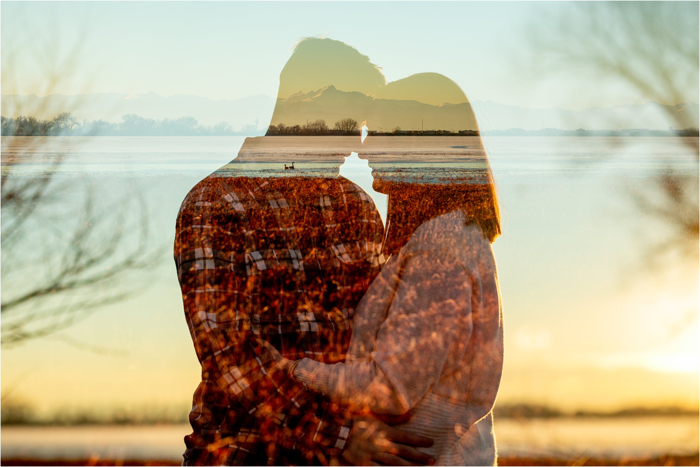 double exposure of married couple and barr lake with mountain range in the background