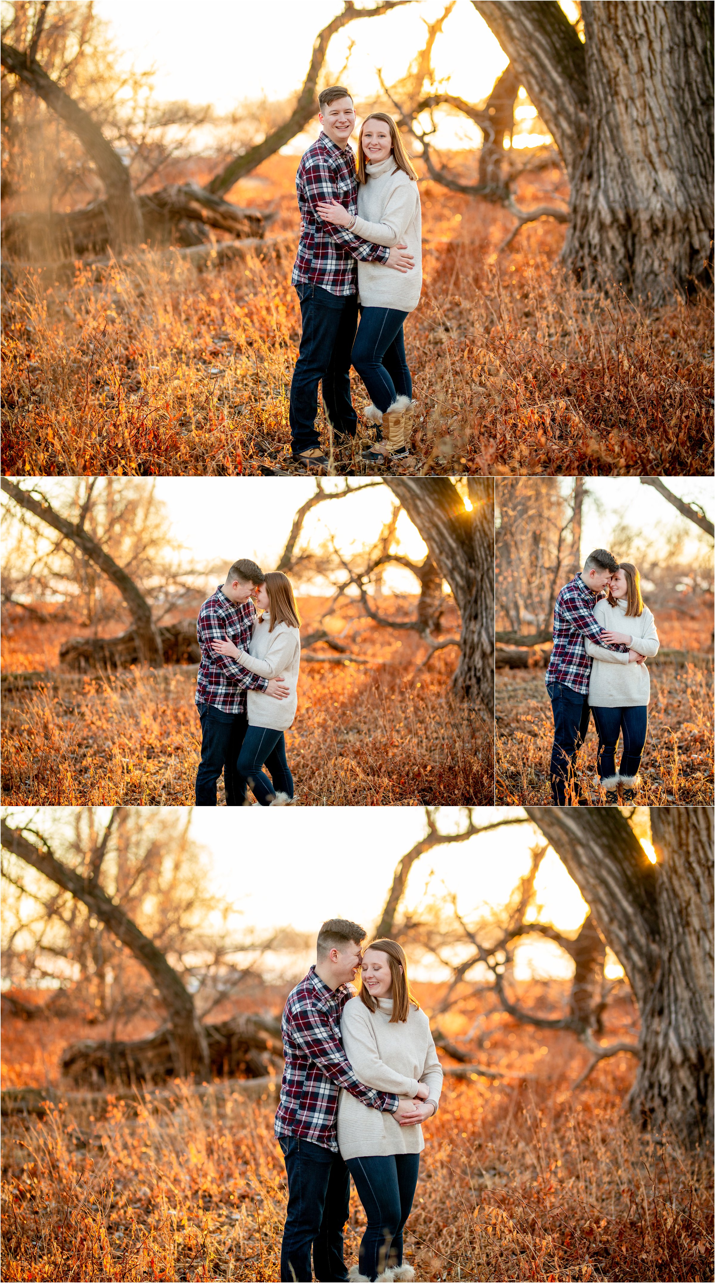 married couple snuggling in a field with trees for their denver anniversary session