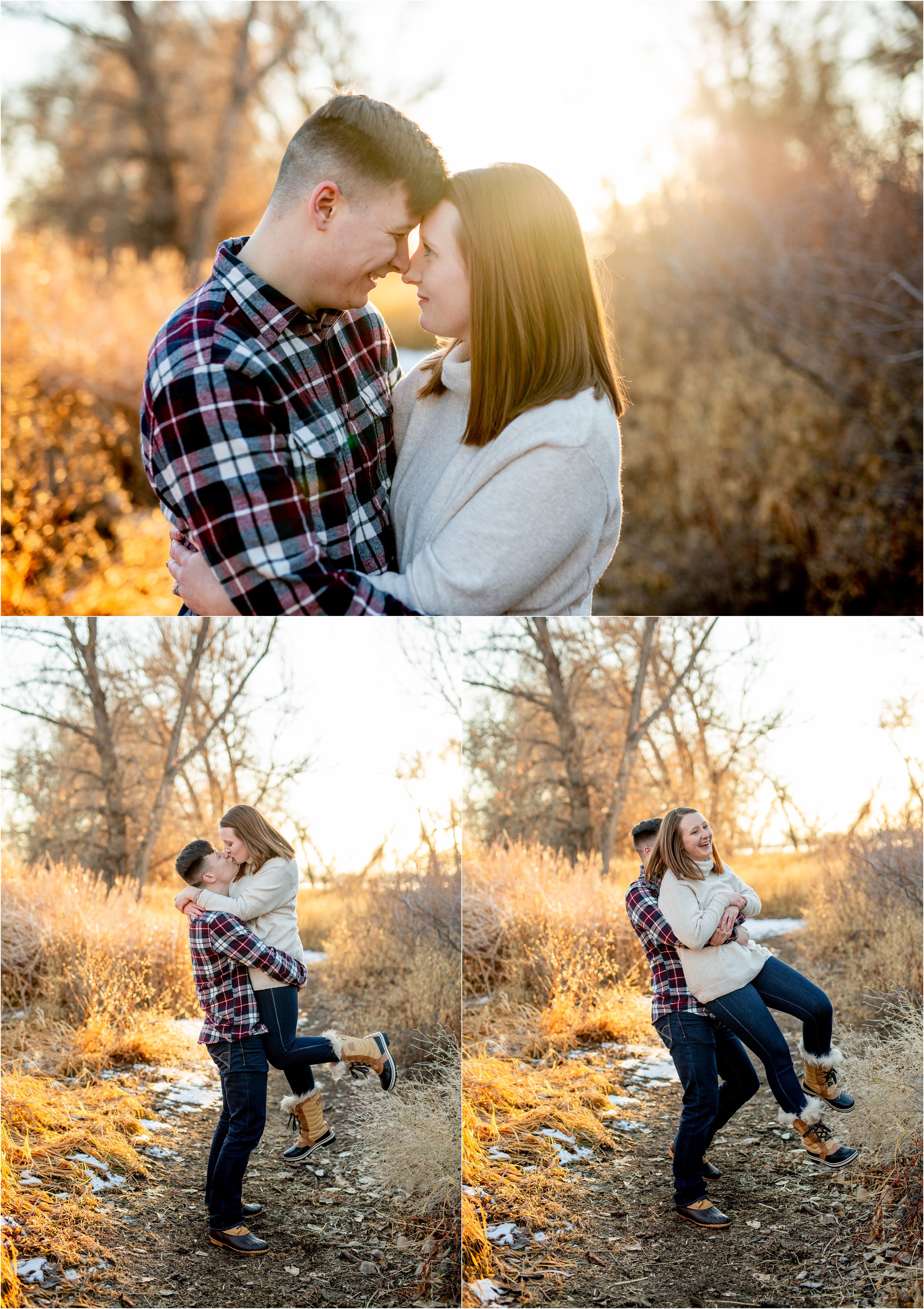 husband swinging wife around playfully on a trail through tall grass with the sun shinging through