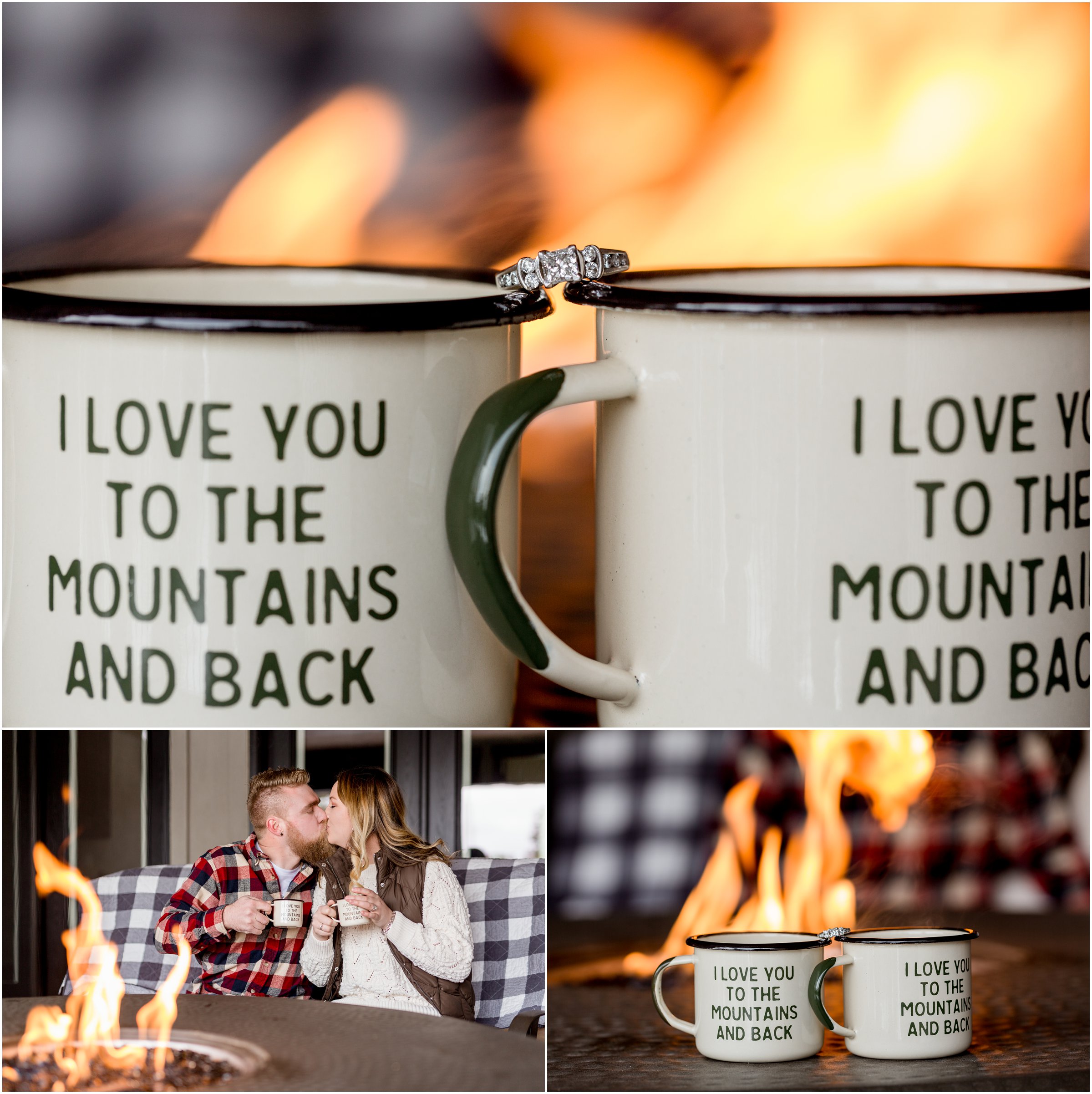 engagement ring sits posed on a mug that reads I love you to the mountains and back 