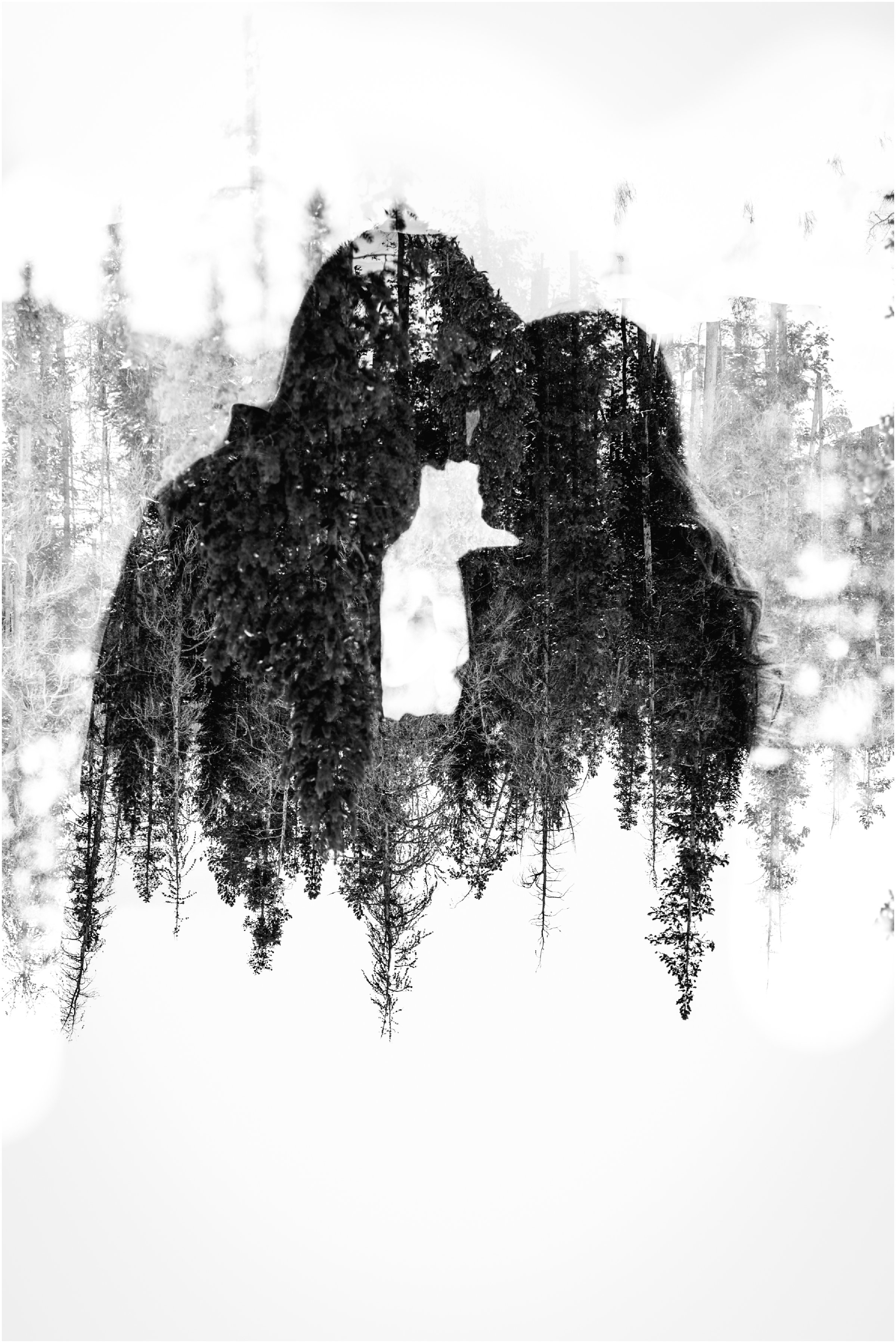 double exposure of a man and woman standing face to face with trees in the background