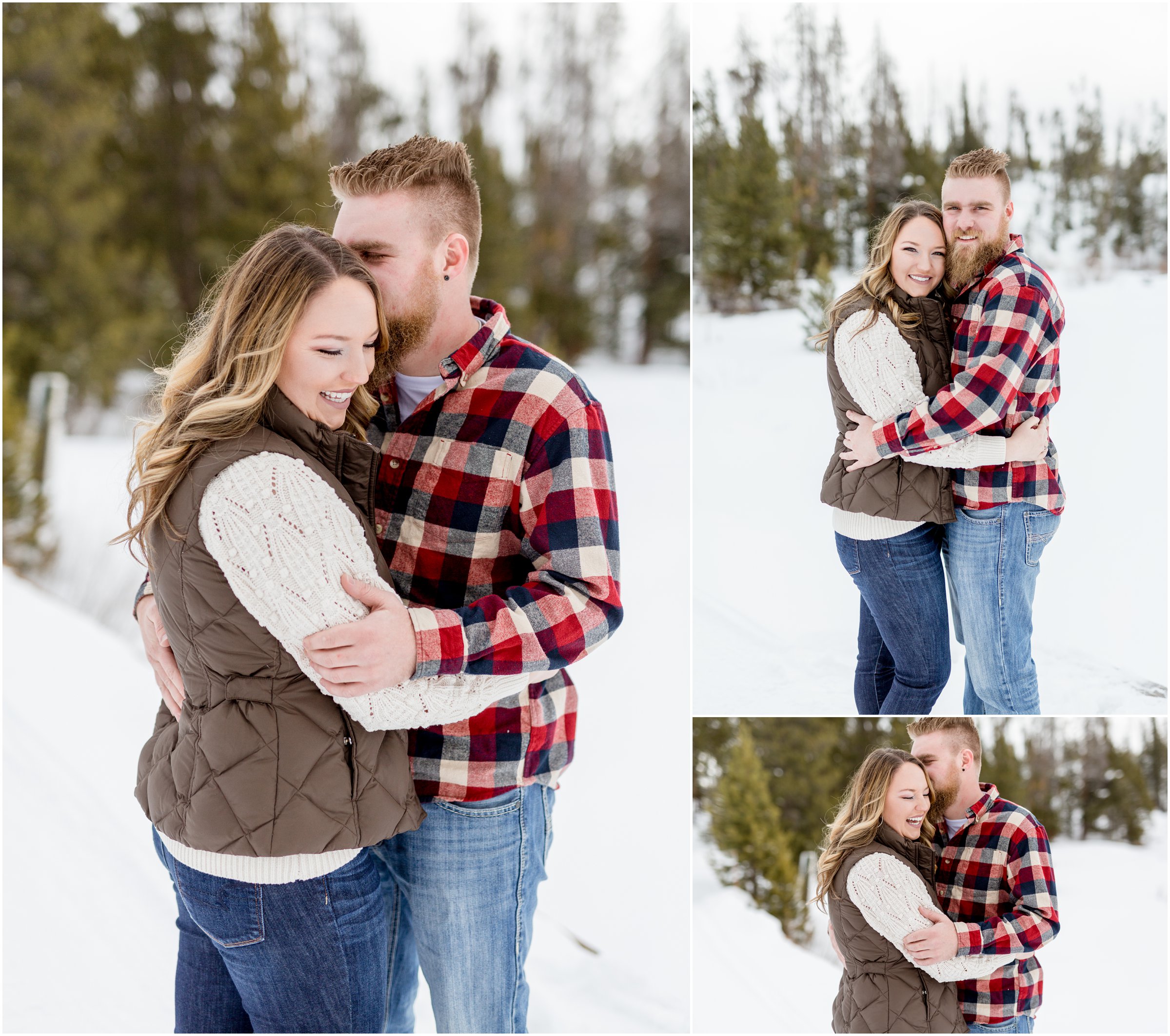 bride and groom snuggle in the snow as they pose for their engagement session by Grand lake wedding photographer