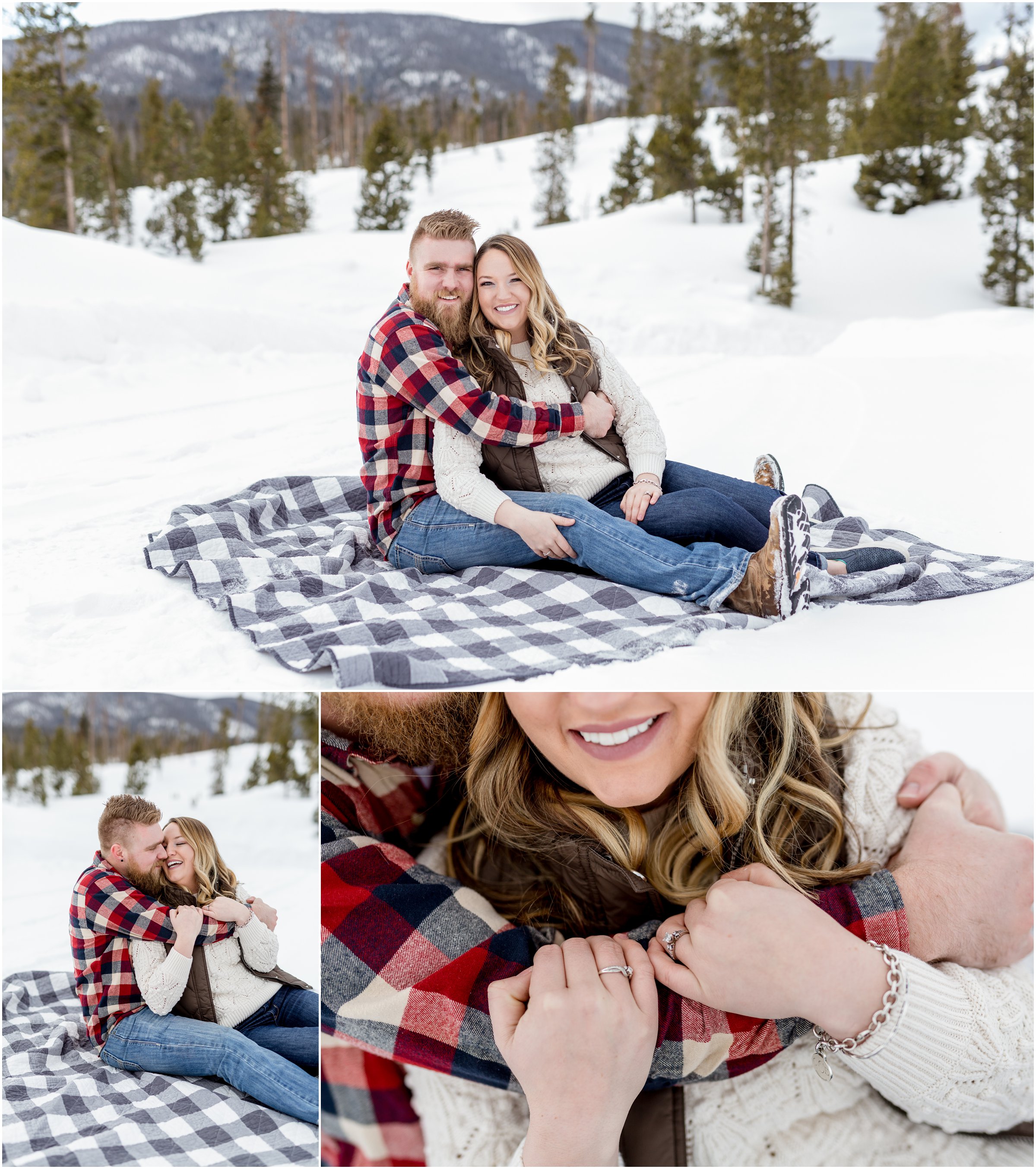 man and woman sit on the ground on a blanket with a grand lake wedding photographer