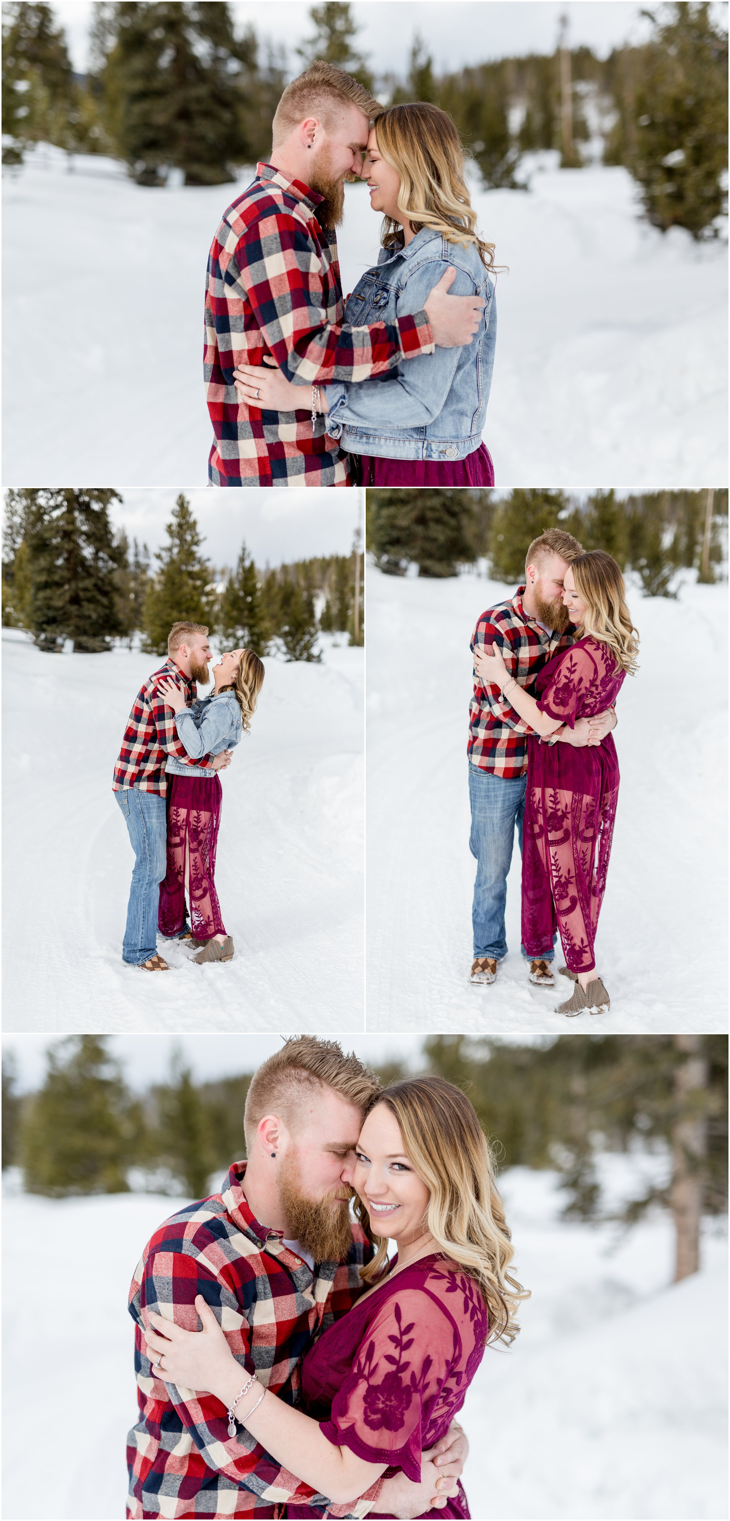 man in plaid and woman in red lace dress stand face to face for photos with their grand lake wedding photographer