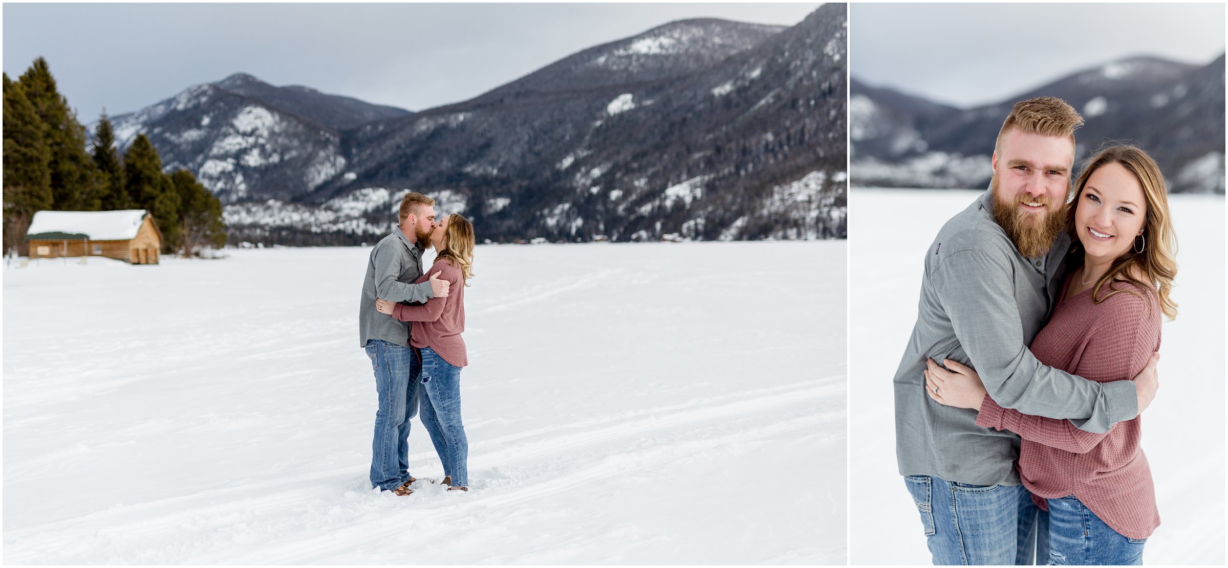 bride and groom pose on grand lake with mountains in the background with their grand lake wedding photographer