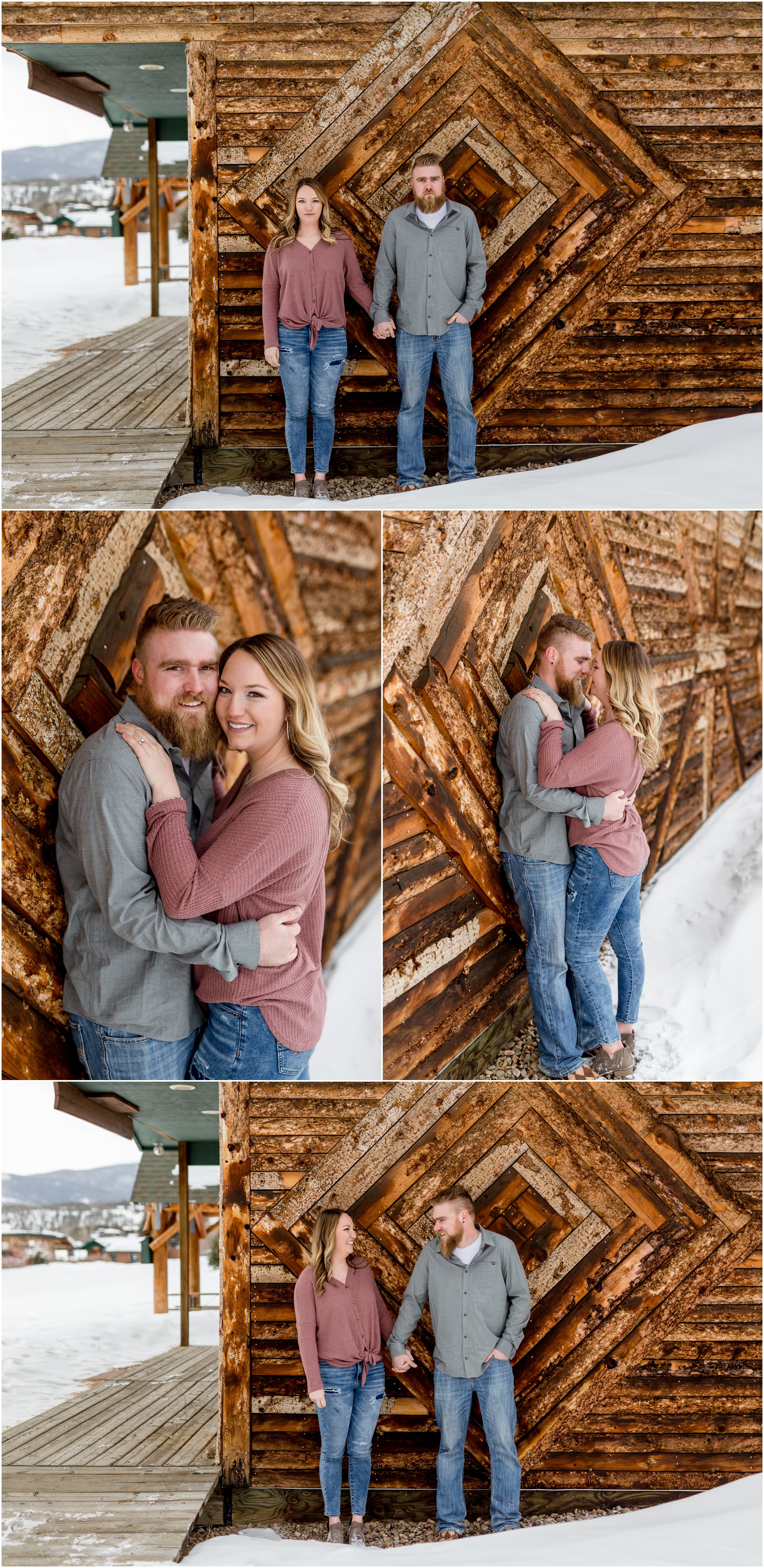 bride and groom in front of a building in grand lake with their grand lake wedding photographer