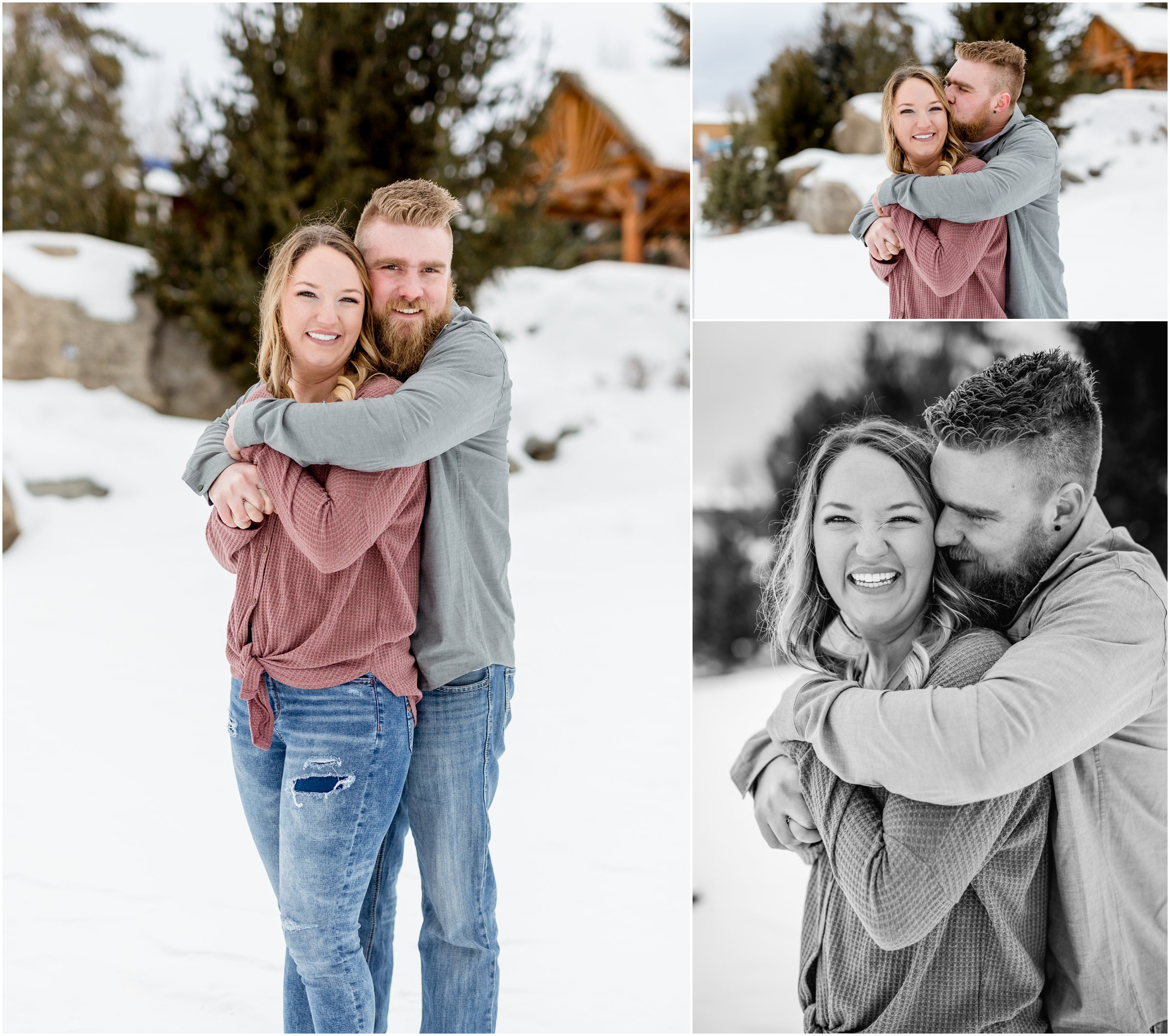 bride and groom in front of a building in grand lake with their grand lake wedding photographer