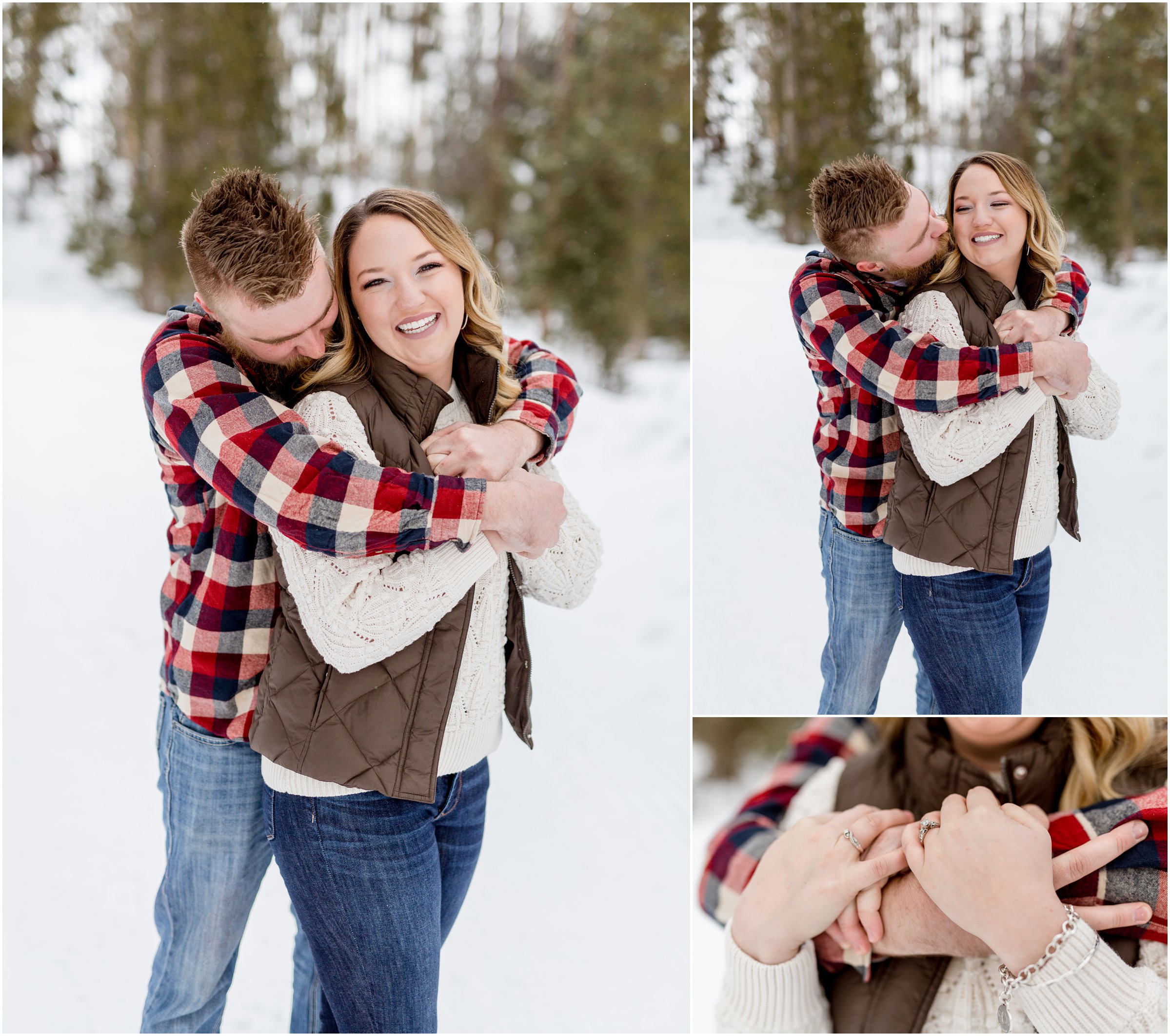 bride and groom snuggle in the snow as they pose for their engagement session by Grand lake wedding photographer