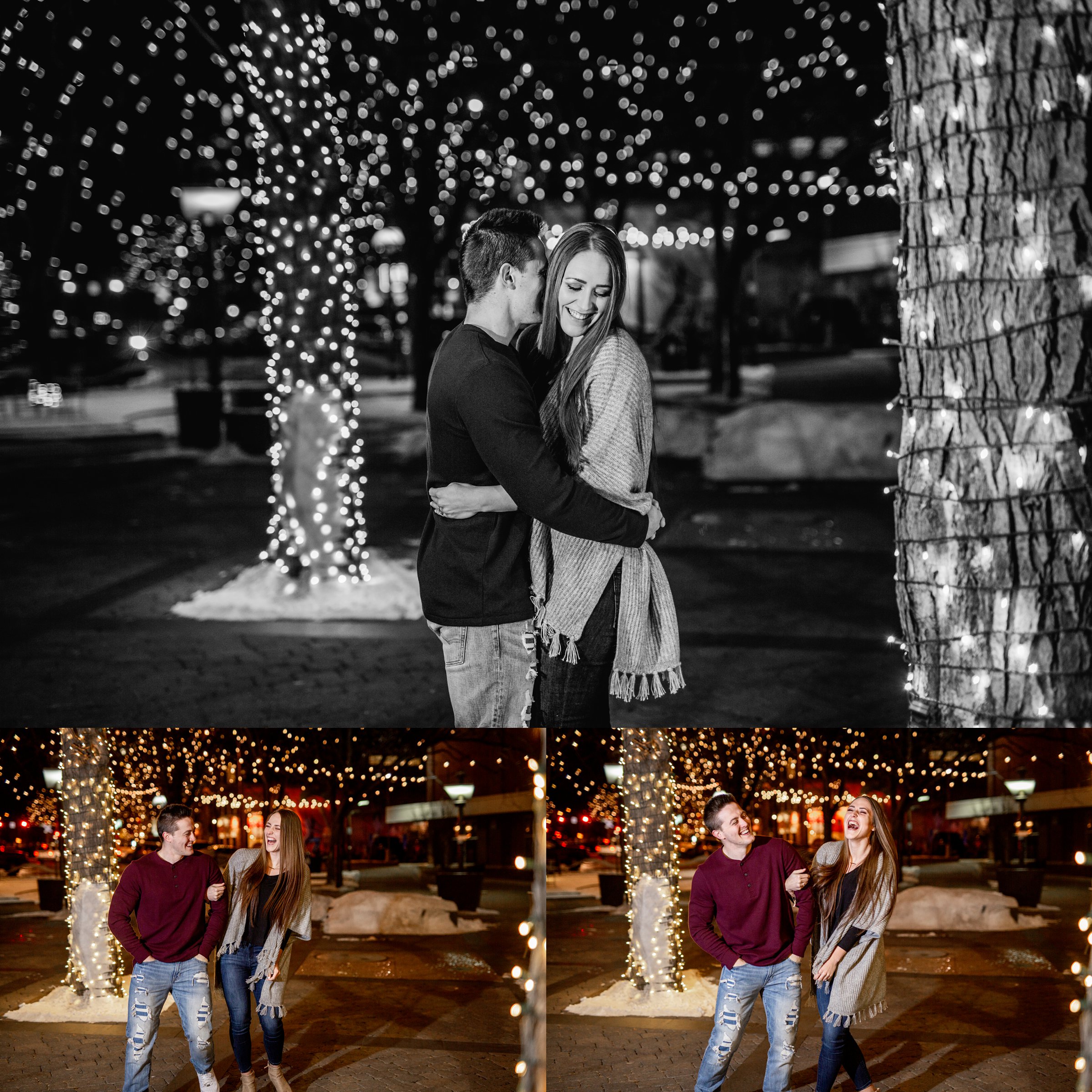 Engaged couple in downtown fort collins lights at night laughing and walking together