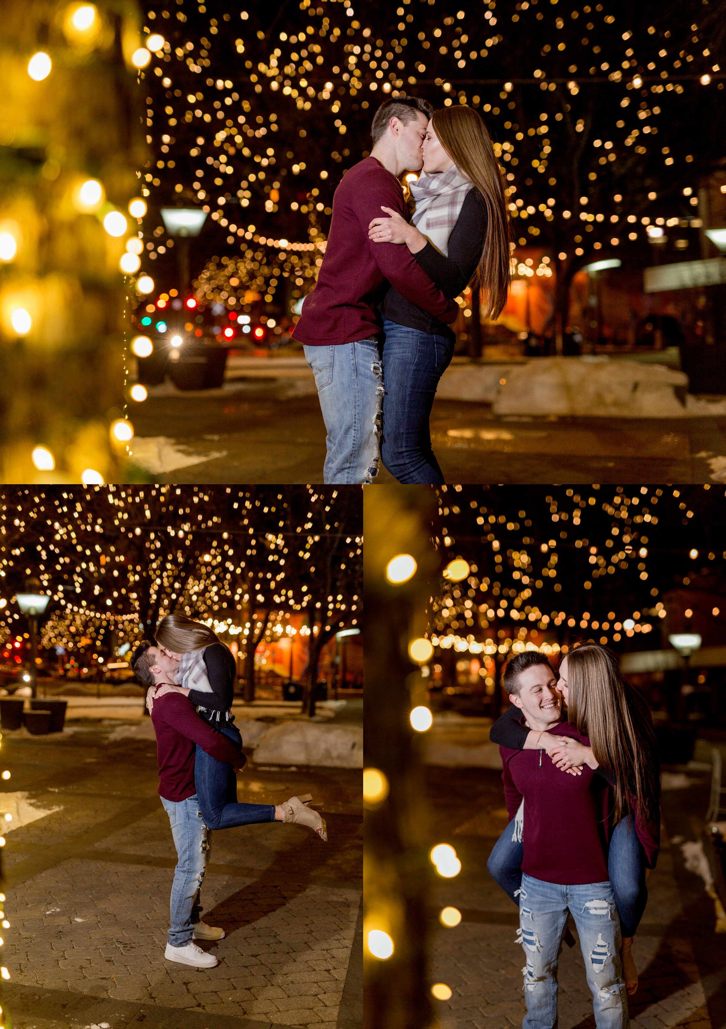 Engaged couple in downtown fort collins lights at night 