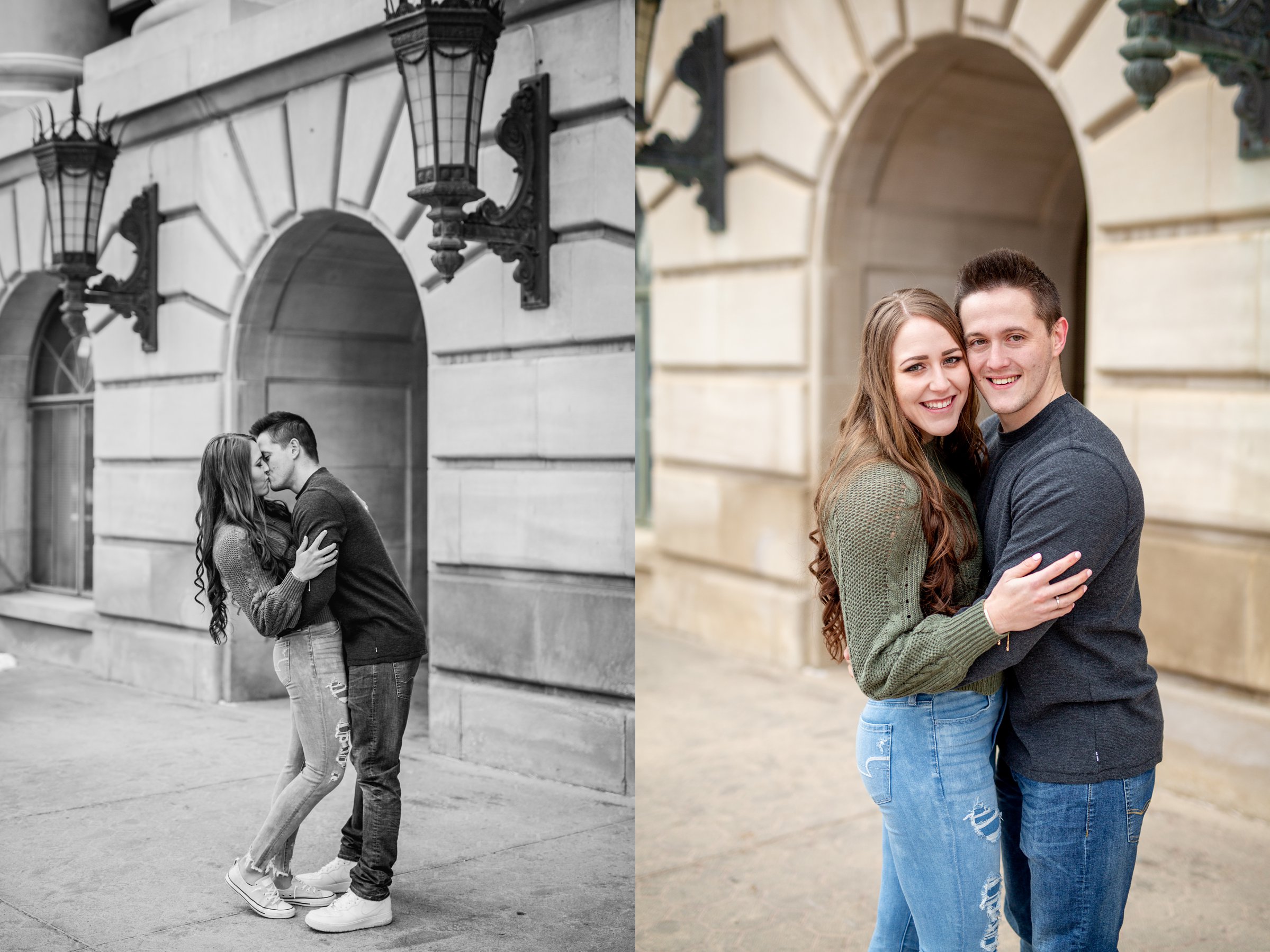 engaged couple in front of arched architecture for their fort collins engagement session