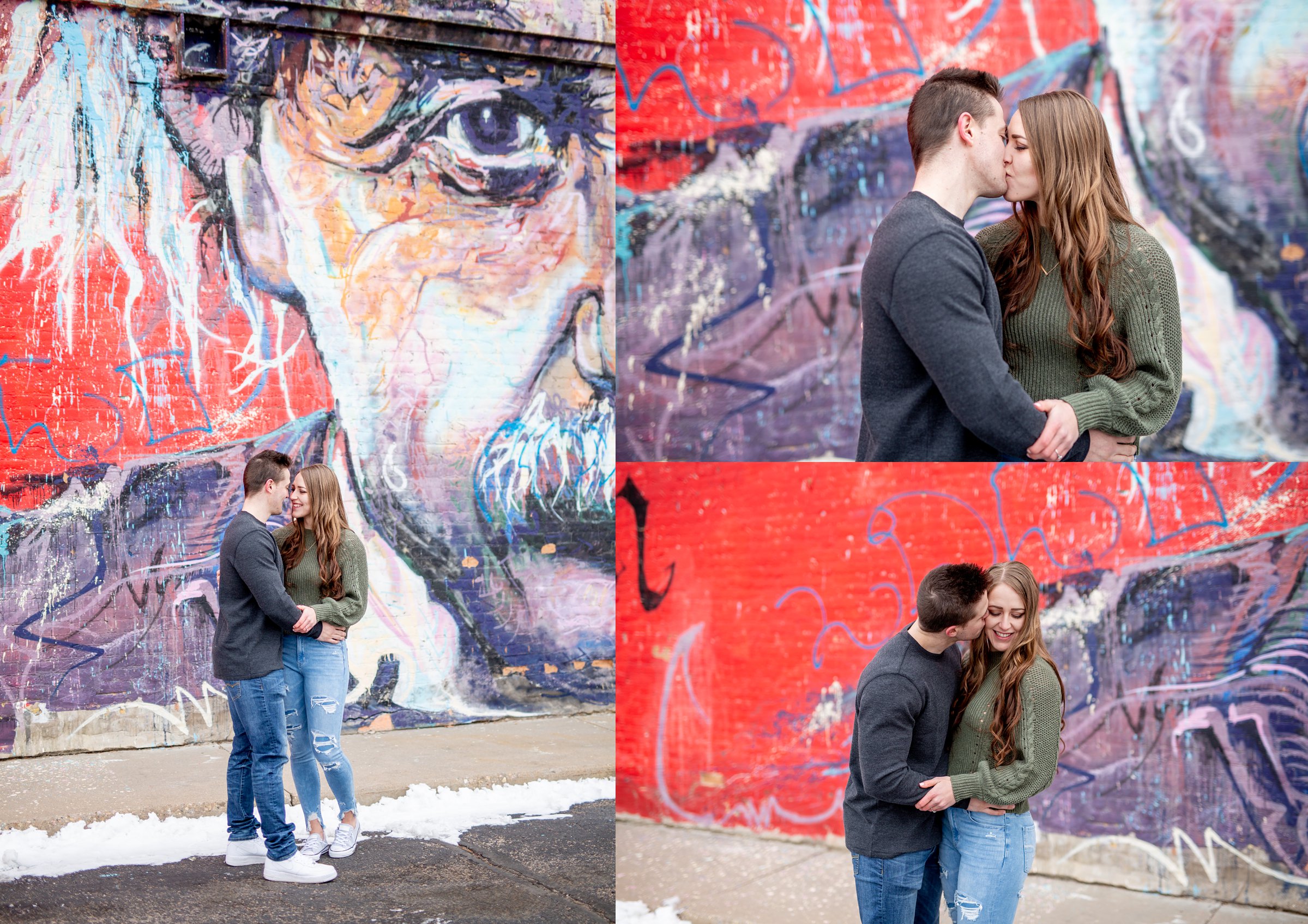 engaged man and woman in front of colorful mural 