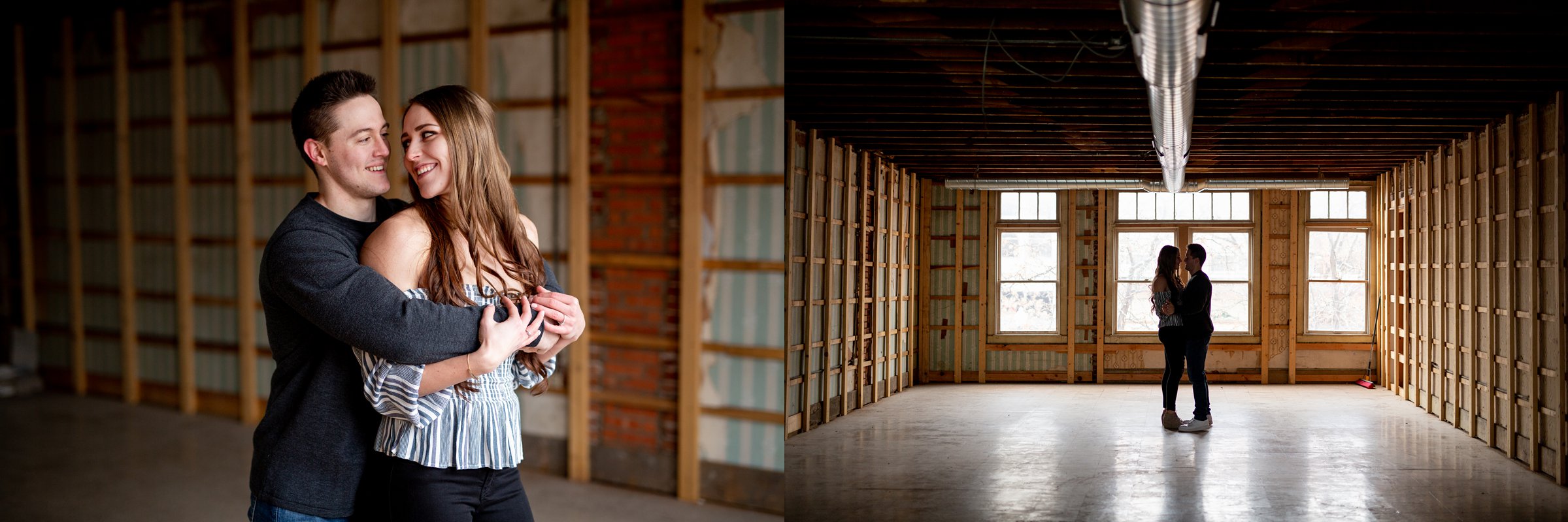 engaged coulpe alone in empty rustic room with exposed brick for their fort collins engagement session