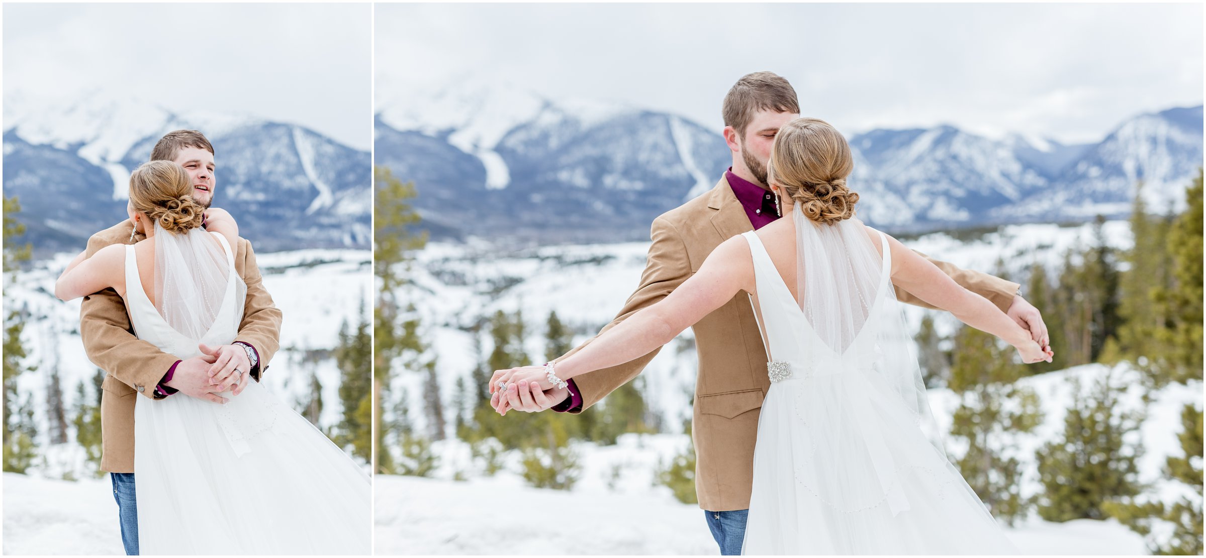 winter wedding in Silverthorne Colorado with snow around Lake Dillon