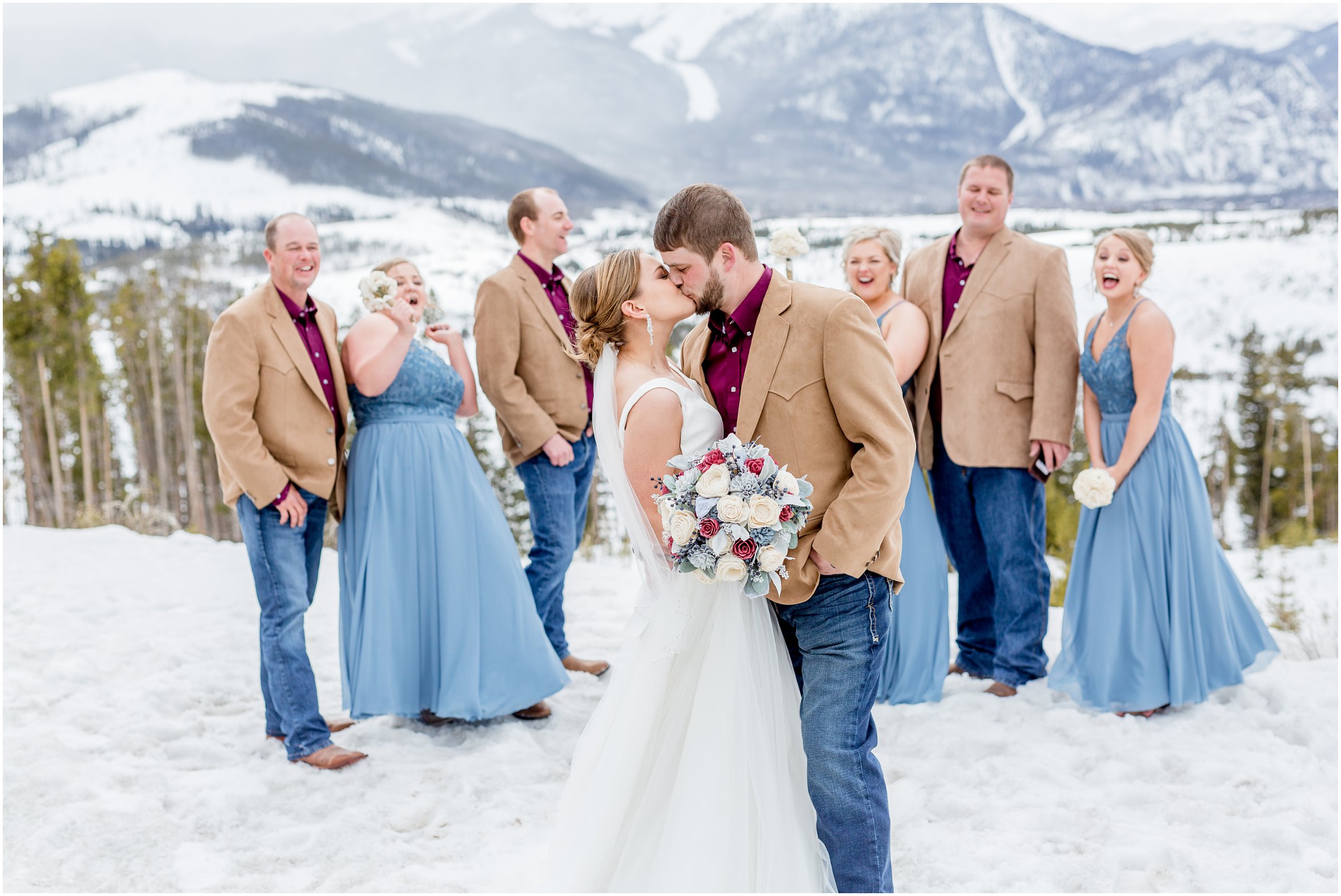 winter wedding in Silverthorne Colorado with snow around Lake Dillon