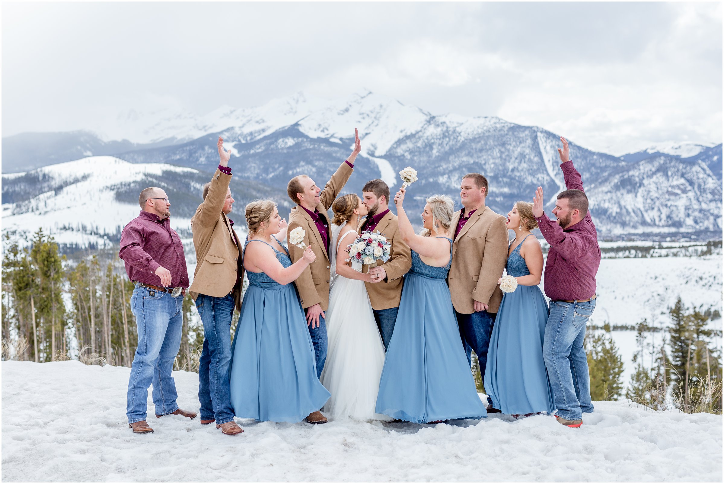 winter wedding in Silverthorne Colorado with snow around Lake Dillon