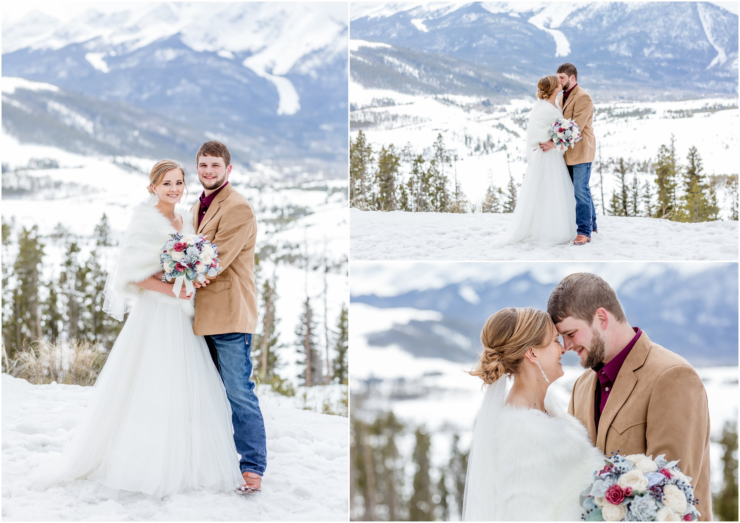 winter wedding in Silverthorne Colorado with snow around Lake Dillon