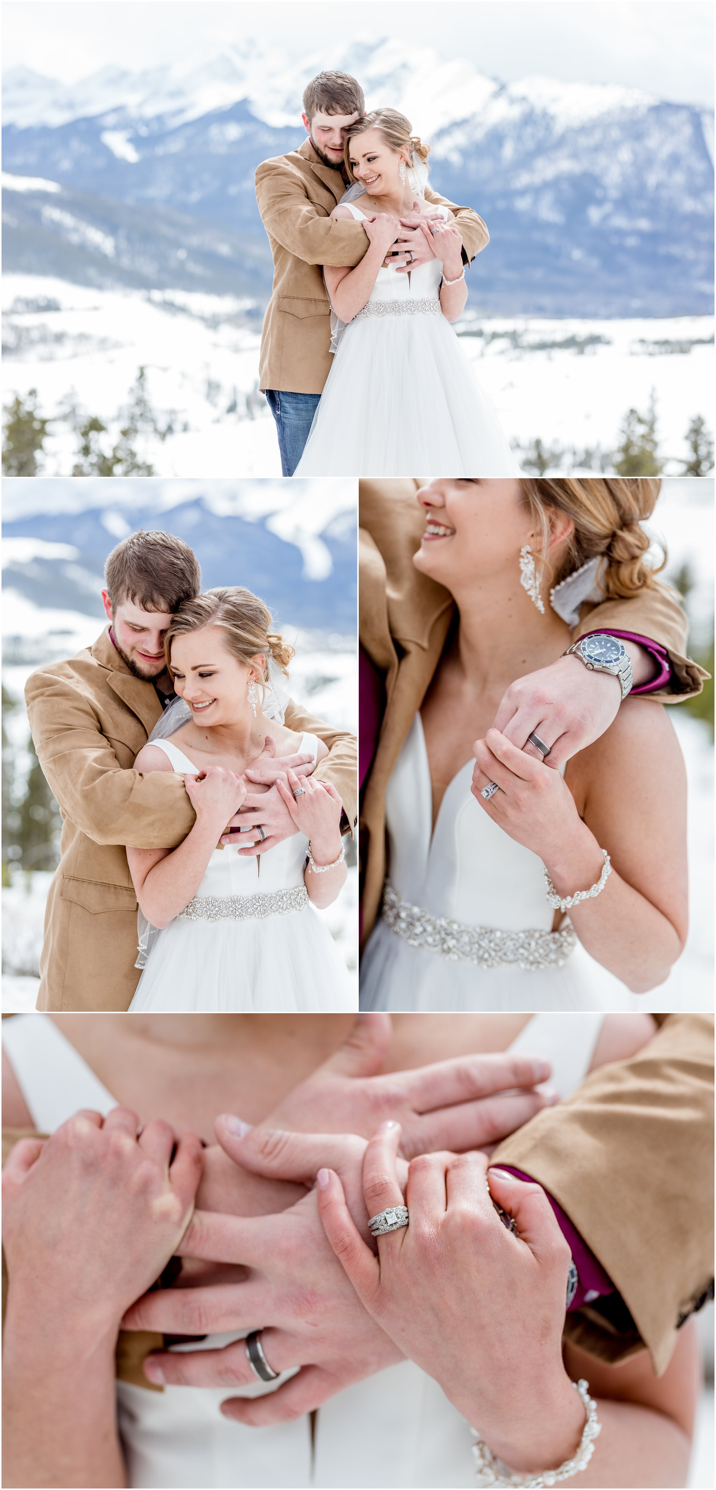 winter wedding in Silverthorne Colorado with snow around Lake Dillon