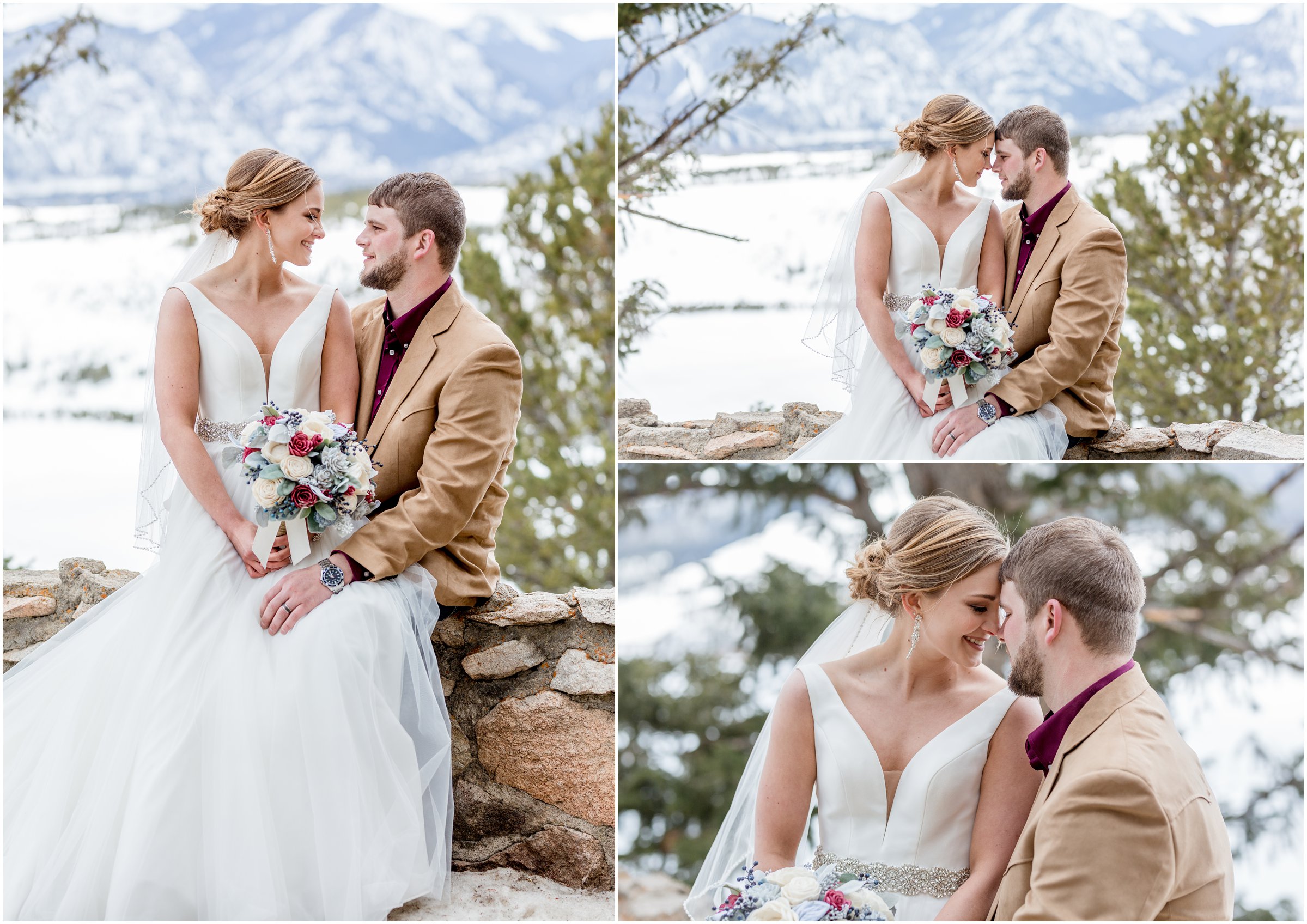 winter wedding in Silverthorne Colorado with snow around Lake Dillon