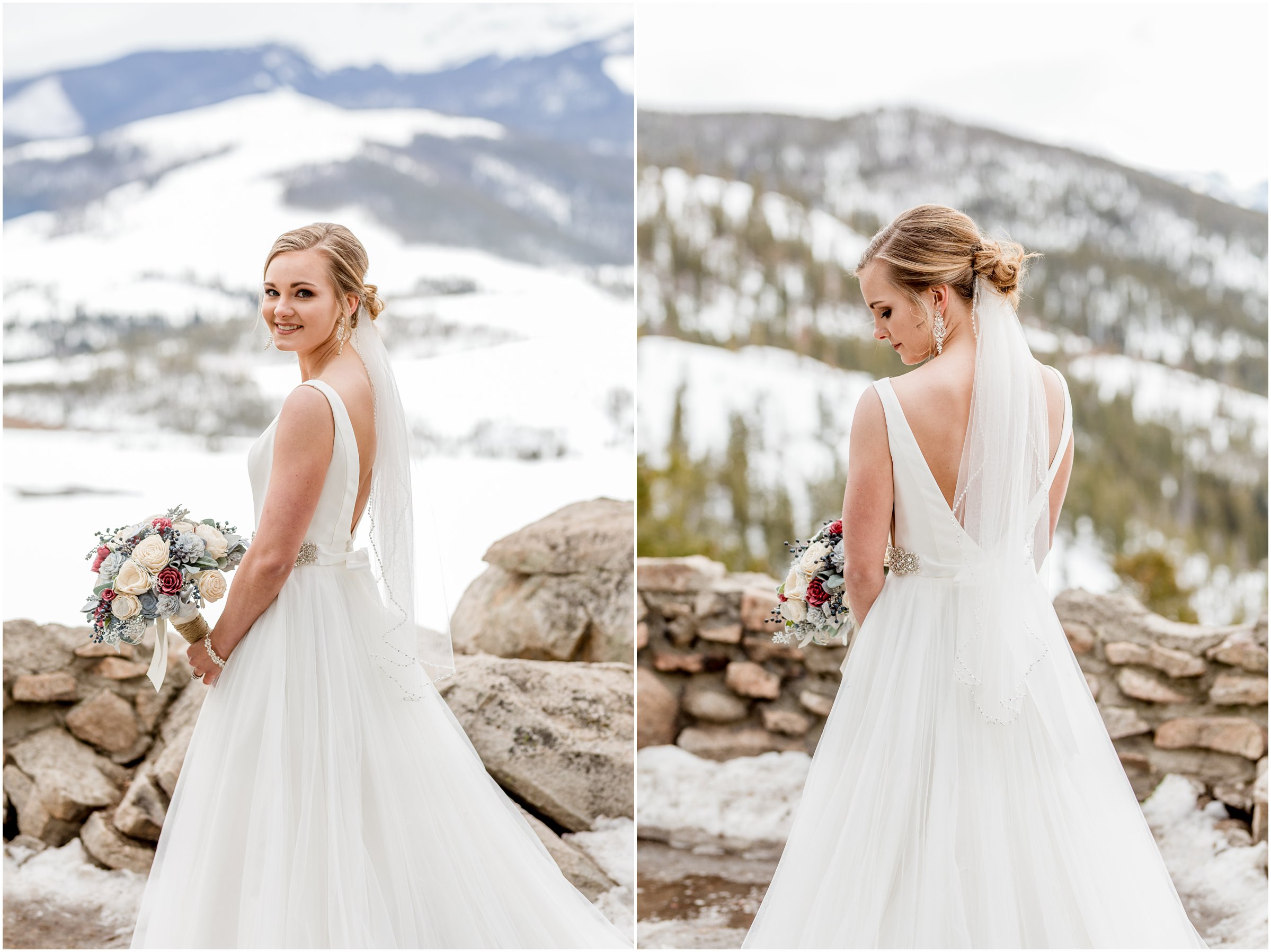 winter wedding in Silverthorne Colorado with snow around Lake Dillon