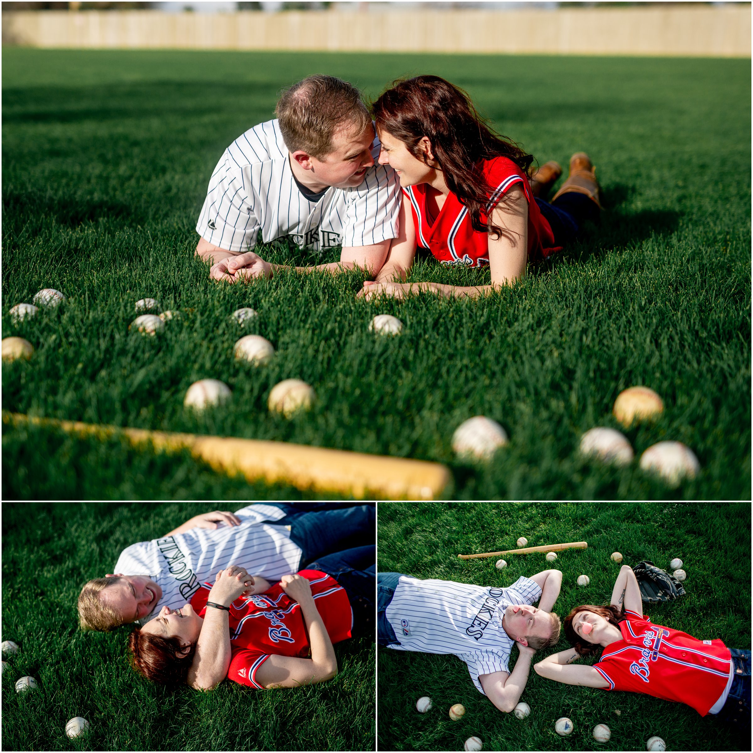 Engagement Session in Cheyenne Wyoming at Lions Park. Baseball themed with lots of flowers and blooming trees. 