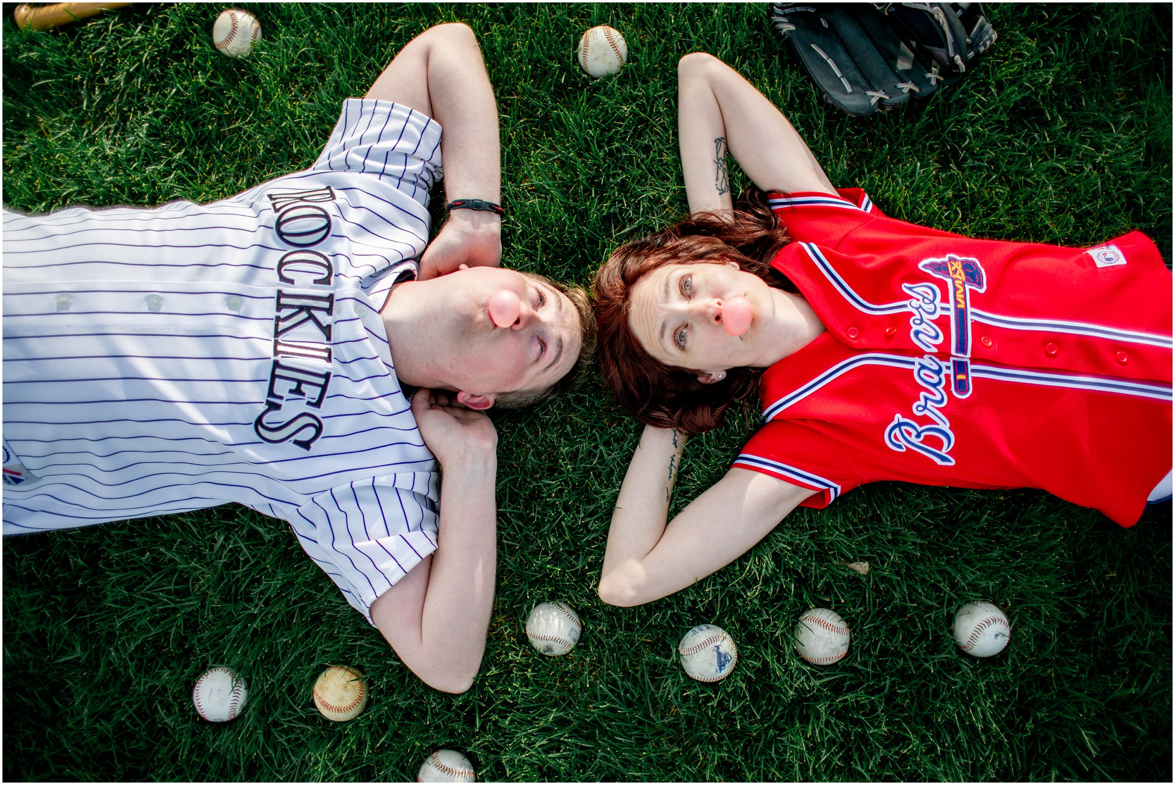 Engagement Session in Cheyenne Wyoming at Lions Park. Baseball themed with lots of flowers and blooming trees. 