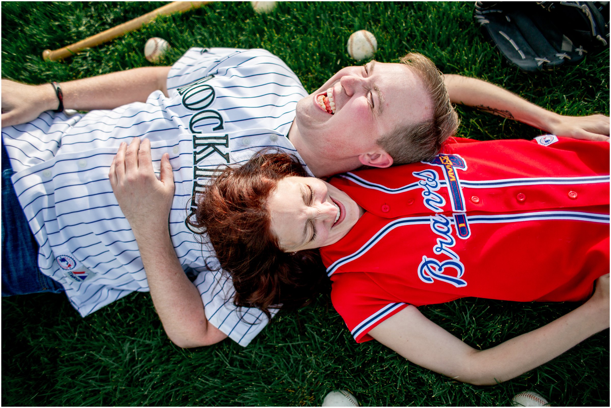 Engagement Session in Cheyenne Wyoming at Lions Park. Baseball themed with lots of flowers and blooming trees. 