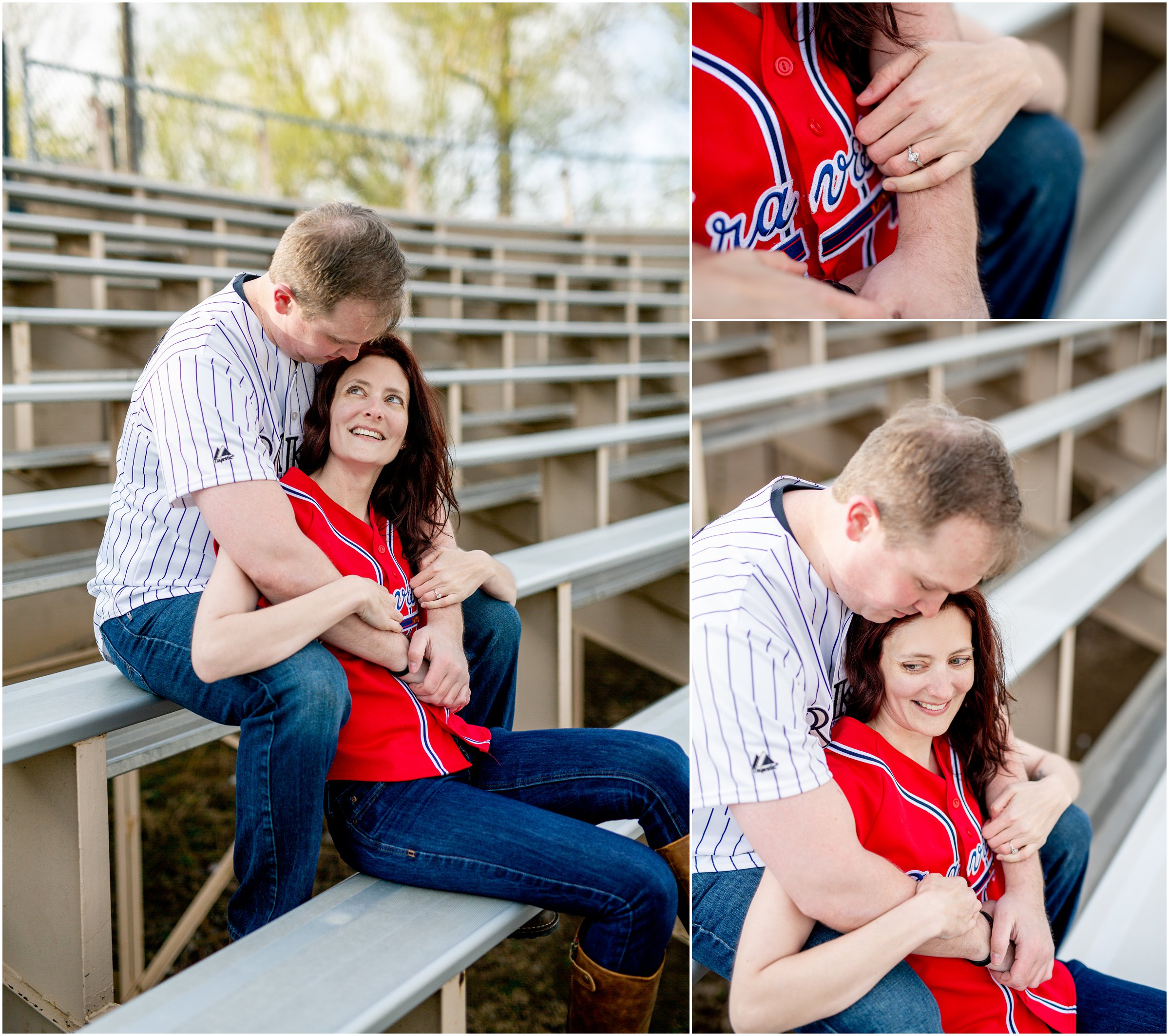 Engagement Session in Cheyenne Wyoming at Lions Park. Baseball themed with lots of flowers and blooming trees. 