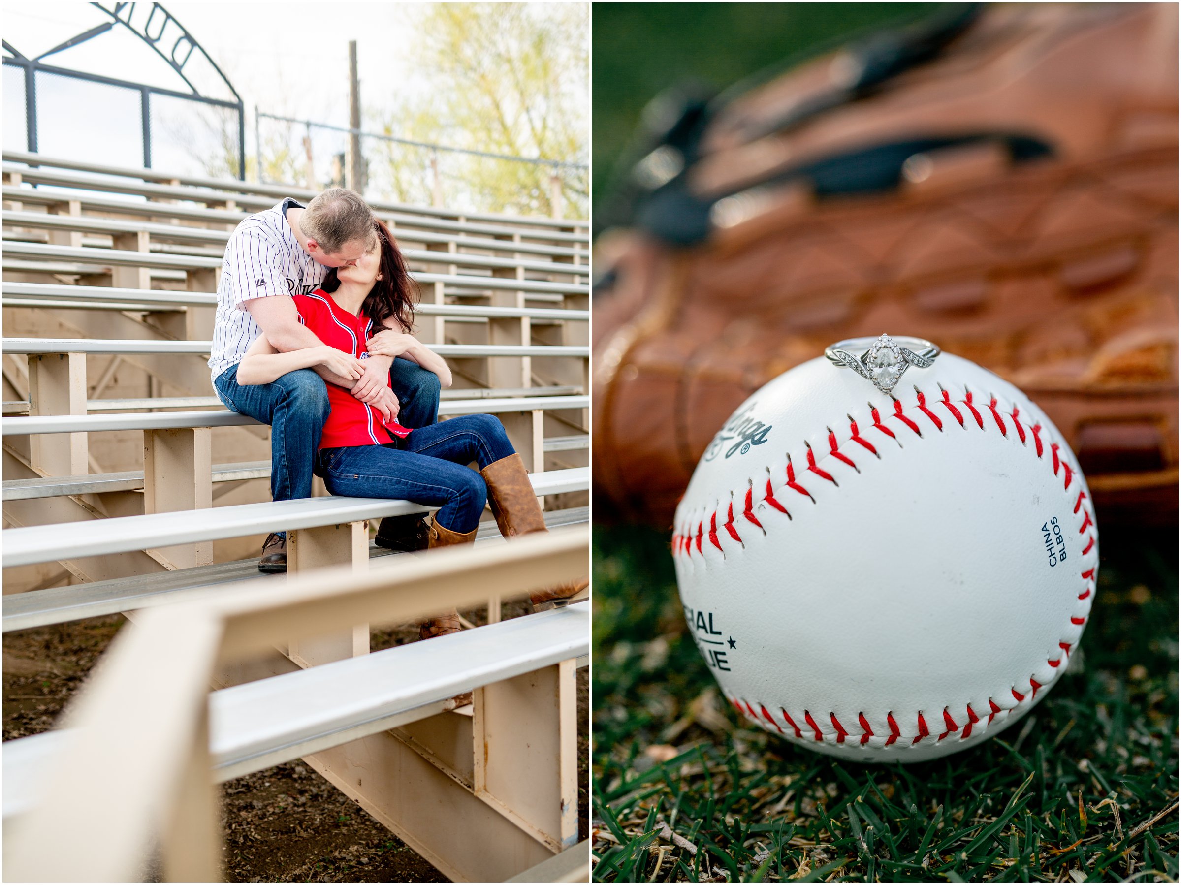 Engagement Session in Cheyenne Wyoming at Lions Park. Baseball themed with lots of flowers and blooming trees. 