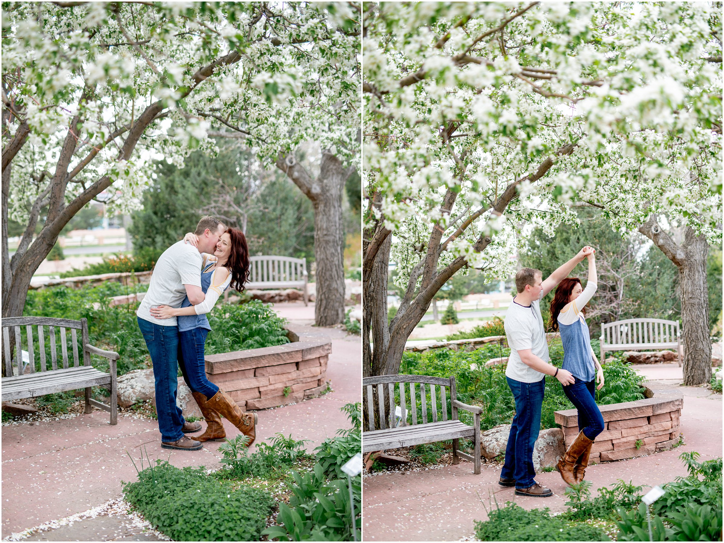 Engagement Session in Cheyenne Wyoming at Lions Park. Baseball themed with lots of flowers and blooming trees. 