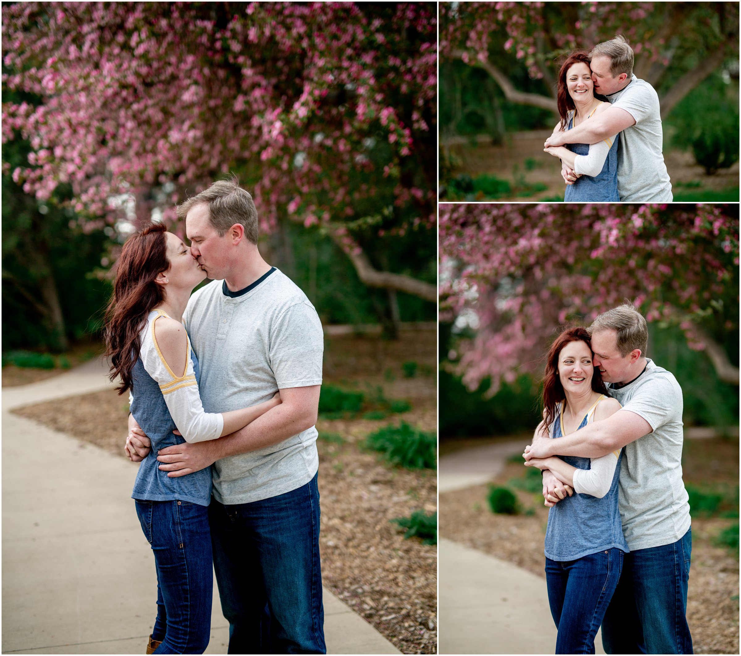 Engagement Session in Cheyenne Wyoming at Lions Park. Baseball themed with lots of flowers and blooming trees. 