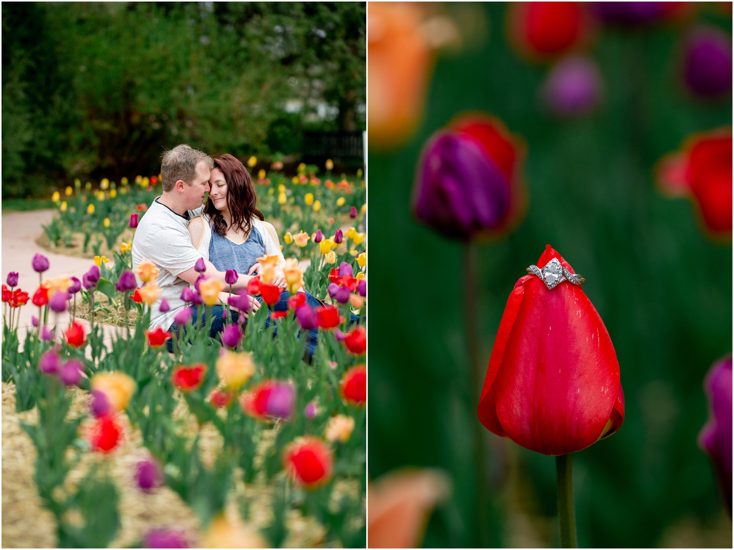 Engagement Session in Cheyenne Wyoming at Lions Park. Baseball themed with lots of flowers and blooming trees. 