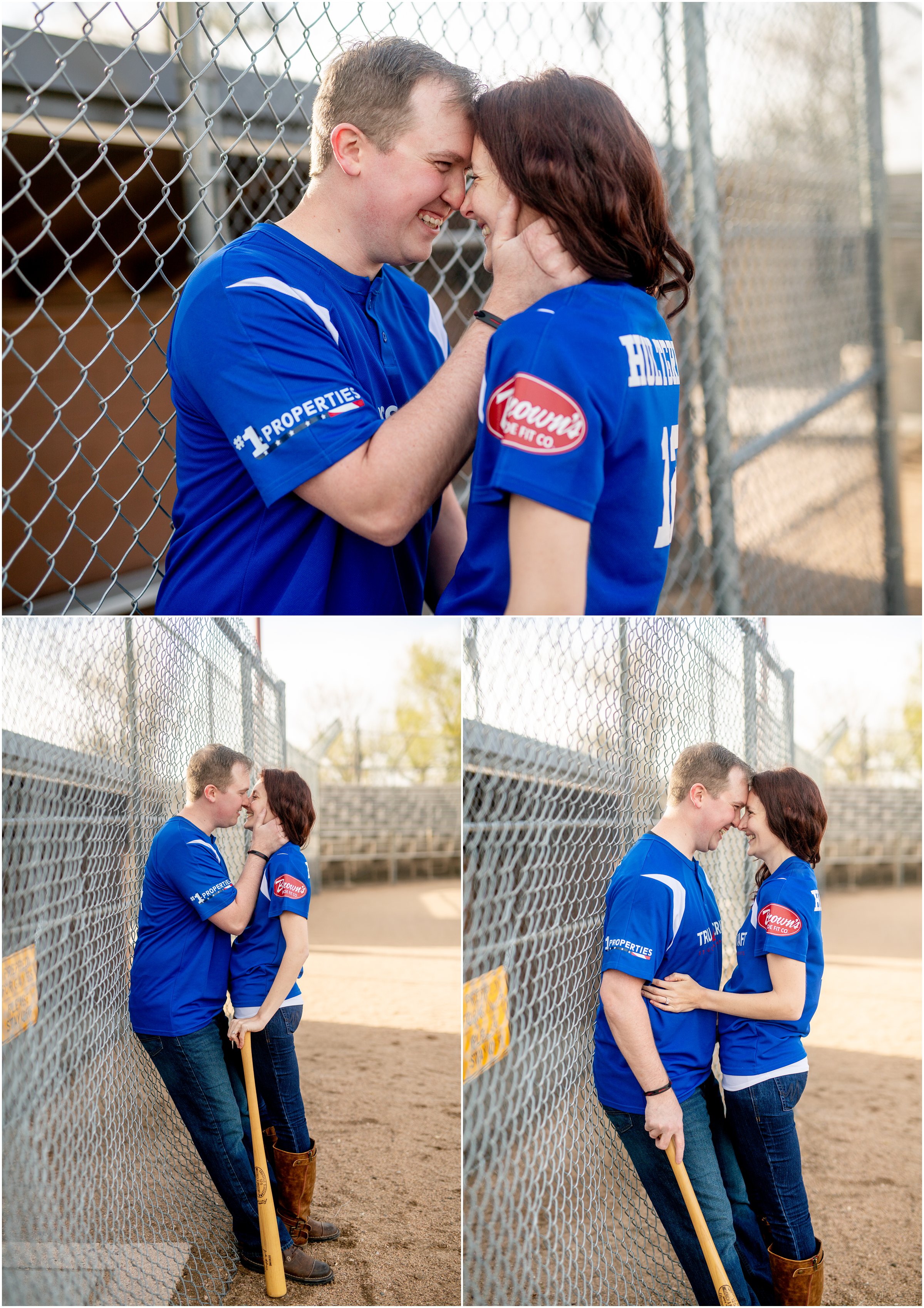 Engagement Session in Cheyenne Wyoming at Lions Park. Baseball themed with lots of flowers and blooming trees. 