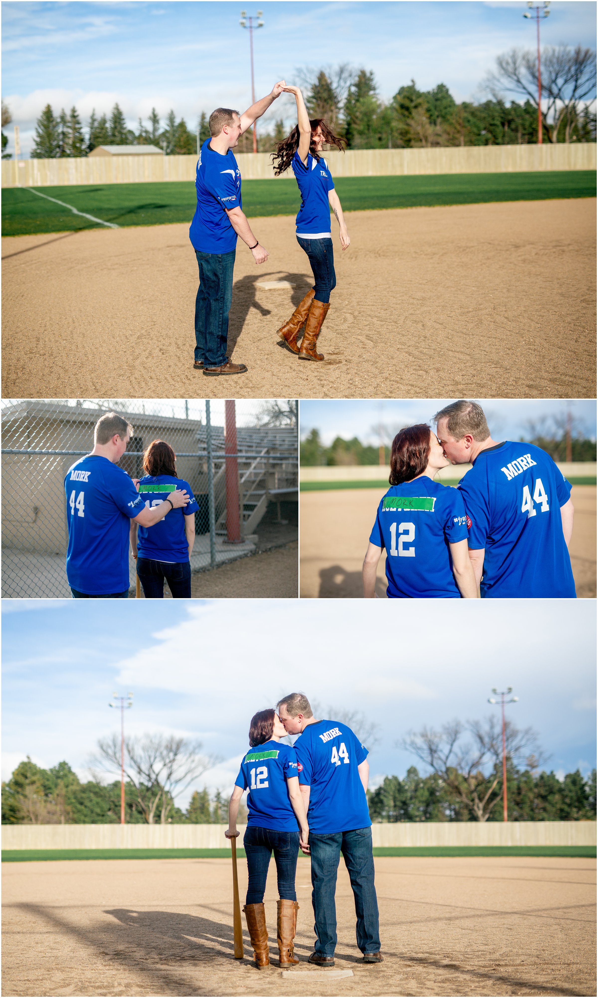 Engagement Session in Cheyenne Wyoming at Lions Park. Baseball themed with lots of flowers and blooming trees. 